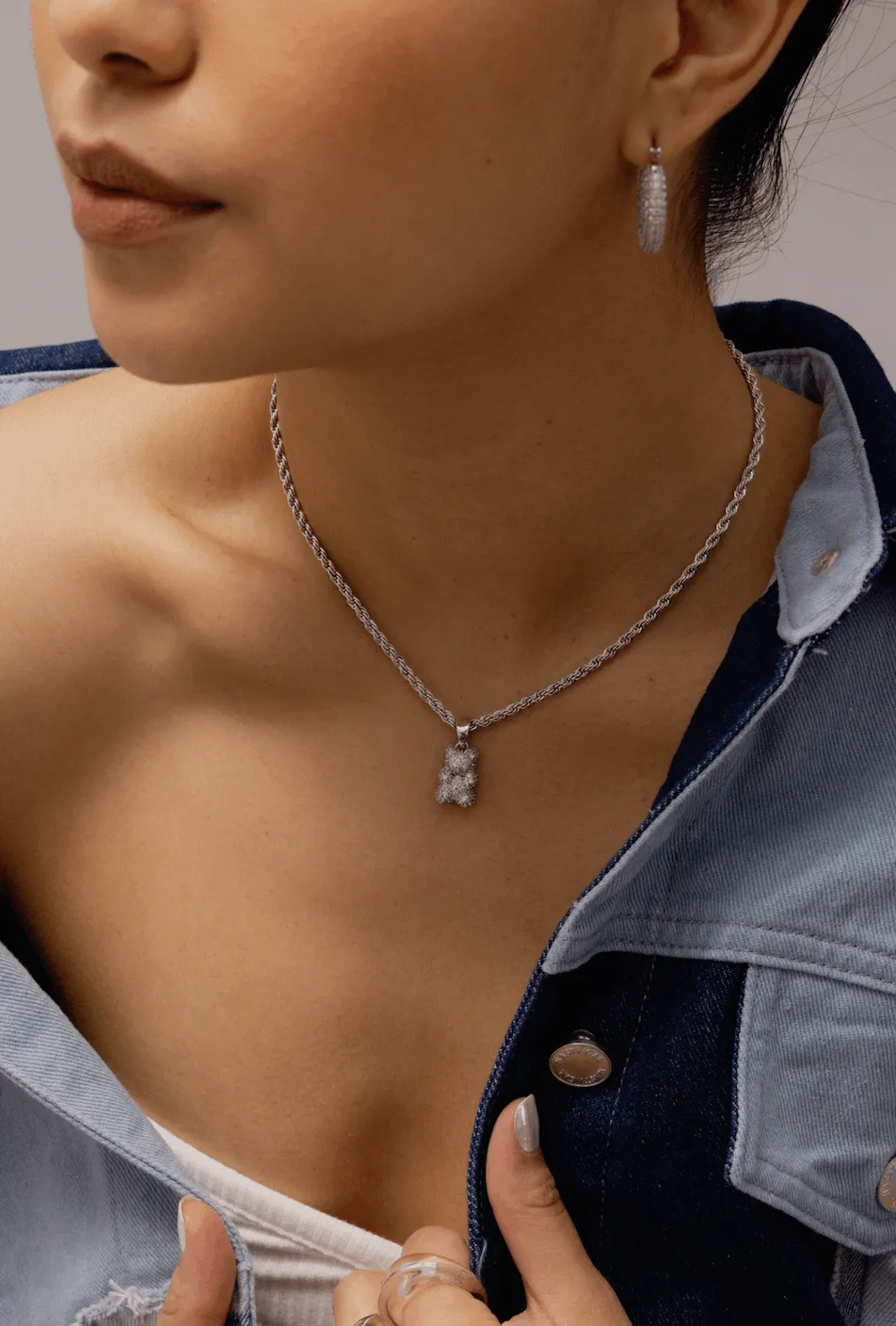 Iced Teddy Bear Pendant Rope Chain Necklace