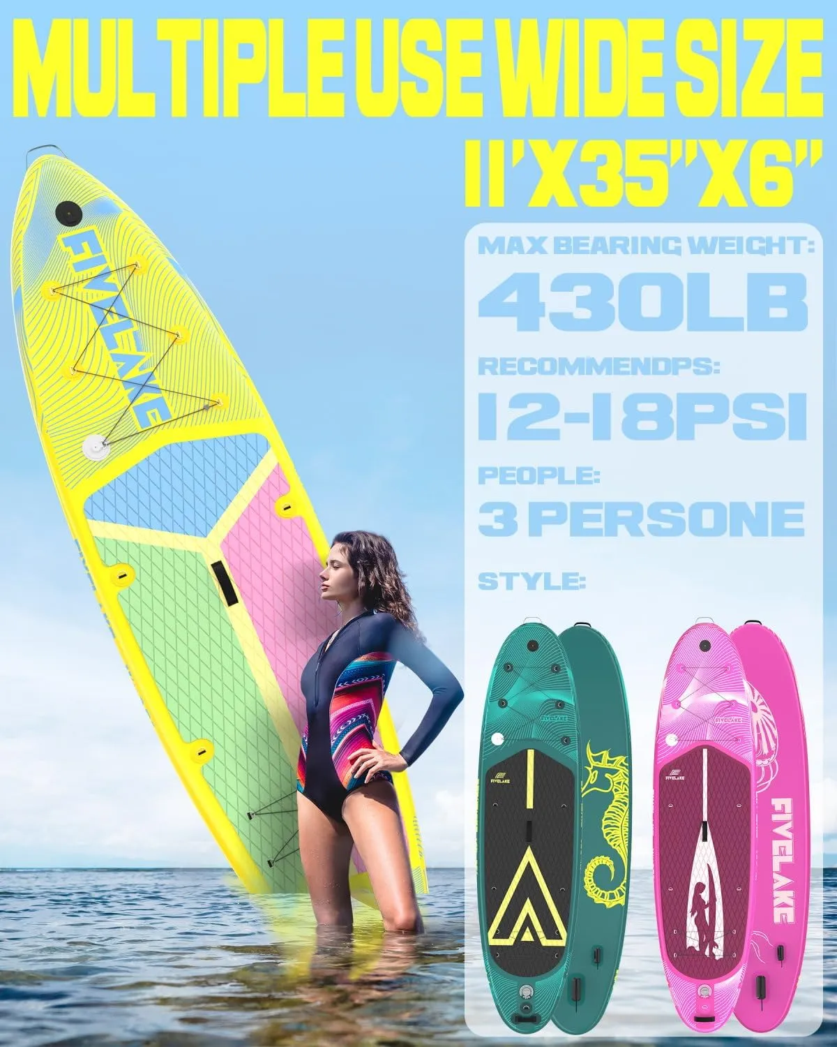 Inflatable Stand Up Paddle Board 11' x 35'' x 6'' Wide Stable Design,SUP Paddleboard Capacity 430lb for Adults Youth 120L Backpack,Carrying Strap,Double Action Pump,Waterproof Bag