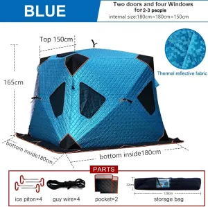 Insulated Ice Fishing Shelter with Two Doors & Six Windows, 3-4 Person Pop-Up Portable Ice Fishing Tent with Carry Bag (Blue 2~3 Persons)