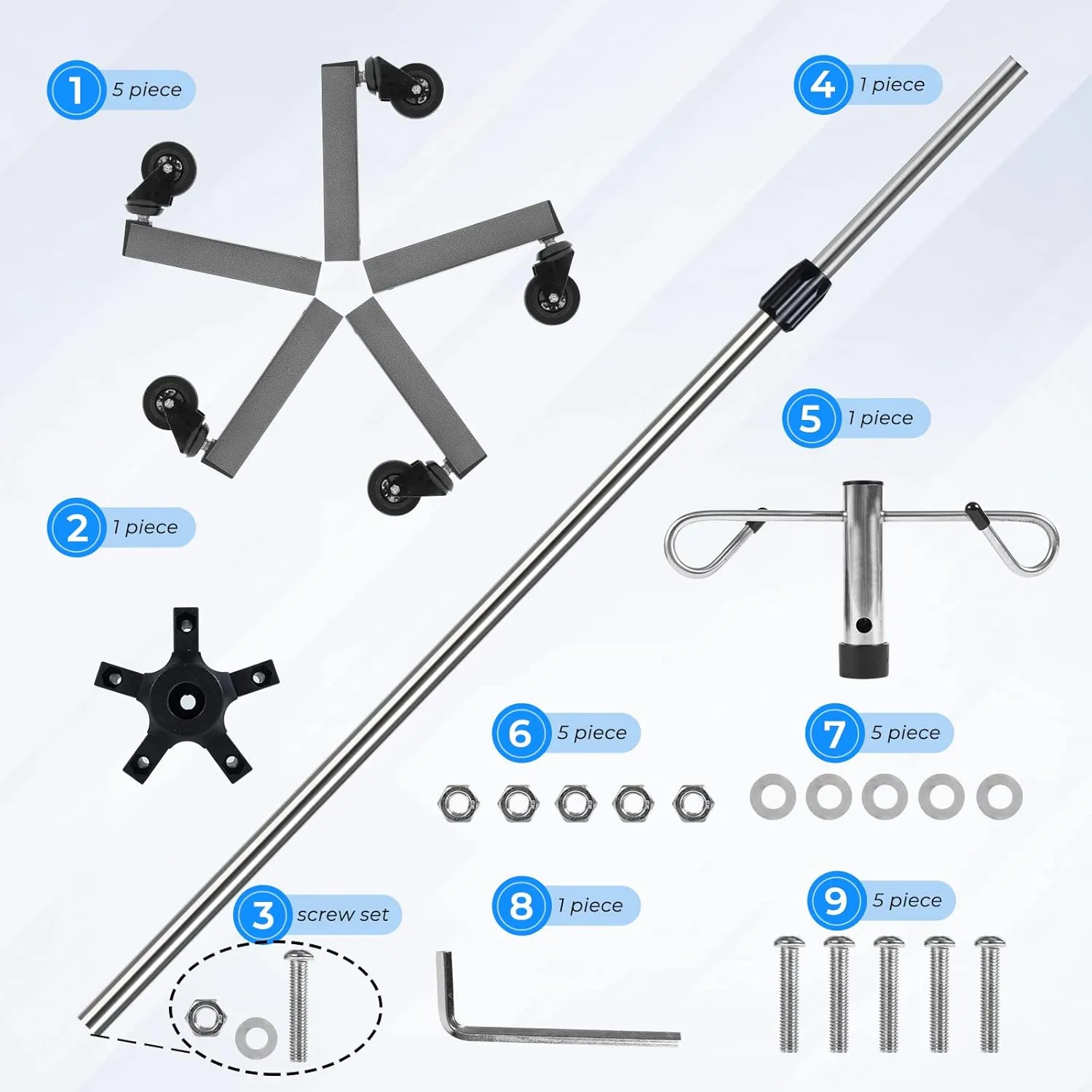 IV Poles with Wheels IV Stands 2 Hooks 5 Legs Rolling Base with Heavy Duty Stainless Steel, Adjustable Height