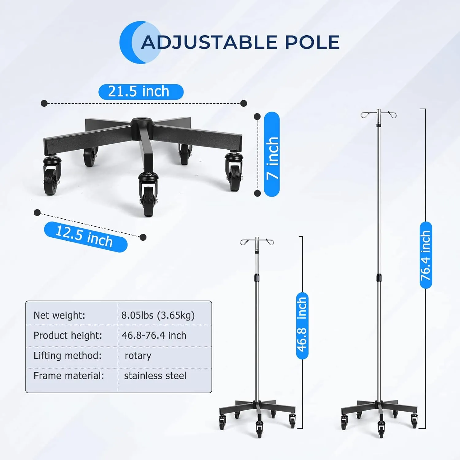IV Poles with Wheels IV Stands 2 Hooks 5 Legs Rolling Base with Heavy Duty Stainless Steel, Adjustable Height