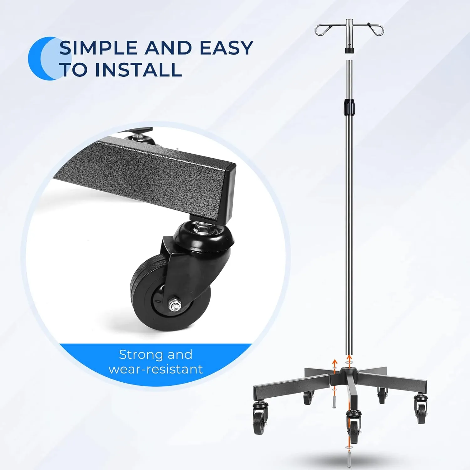 IV Poles with Wheels IV Stands 2 Hooks 5 Legs Rolling Base with Heavy Duty Stainless Steel, Adjustable Height