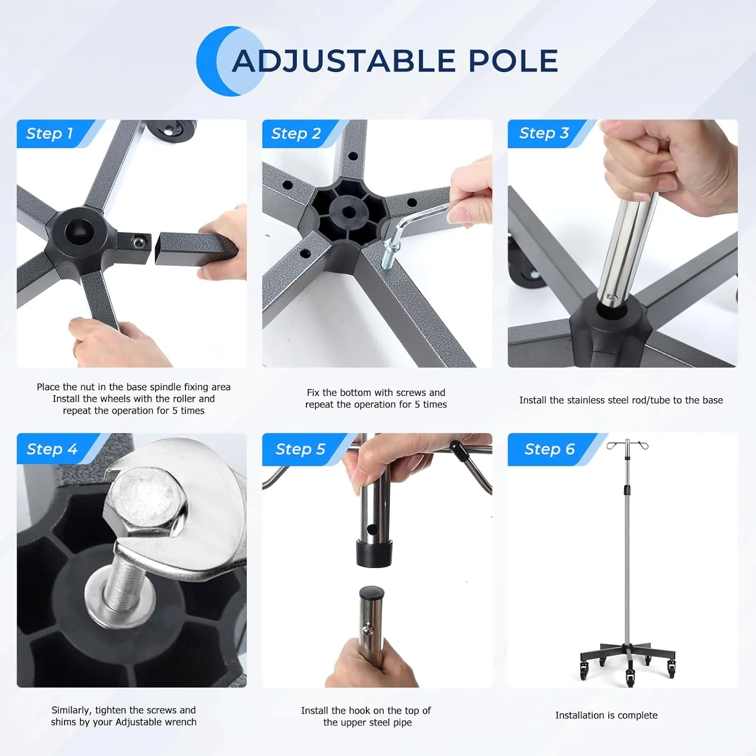 IV Poles with Wheels IV Stands 2 Hooks 5 Legs Rolling Base with Heavy Duty Stainless Steel, Adjustable Height