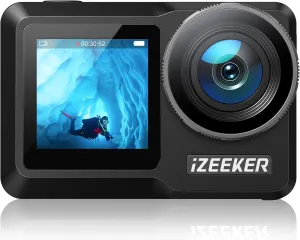 iZEEKER Action Camera 4K 24MP with Touchscreen, 40M Underwater Camera Waterproof, Dual Screen Vlog Camera with EIS3.0, WiFi, Remote Control with 2X 1350mAh Batteries,Charger and Accessory Kit-iA800