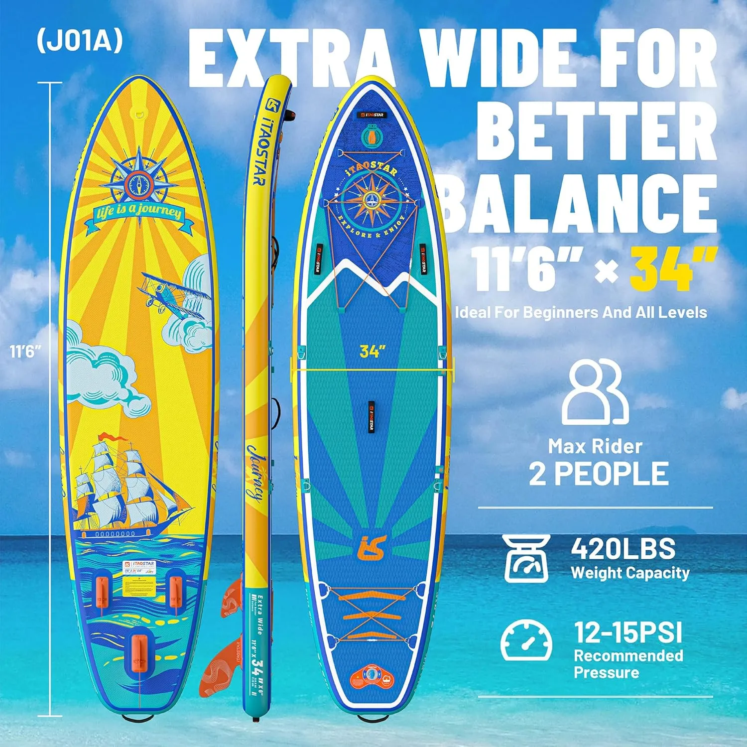 Journey 11'6" / 11'×34" / 11'×35" Extra Wide Paddle Board, One-Stop Premium SUP Board Accessories, Tailored Fins, Stable Inflatable Stand Up Paddle Boards for Youth/Adults of All Skill Levels