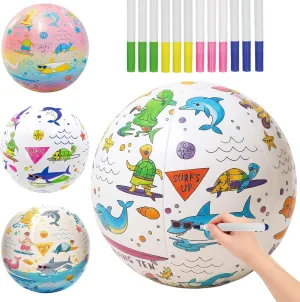 JOY SPOT! Paint Your Own Beach Ball Kit (3 Pack) - 16" DIY Inflatable Beach Balls with Waterproof Markers, Creative Art & Outdoor Activity for Kids Ages 3 , Latex-Free Summer Crafts for Boys & Girls