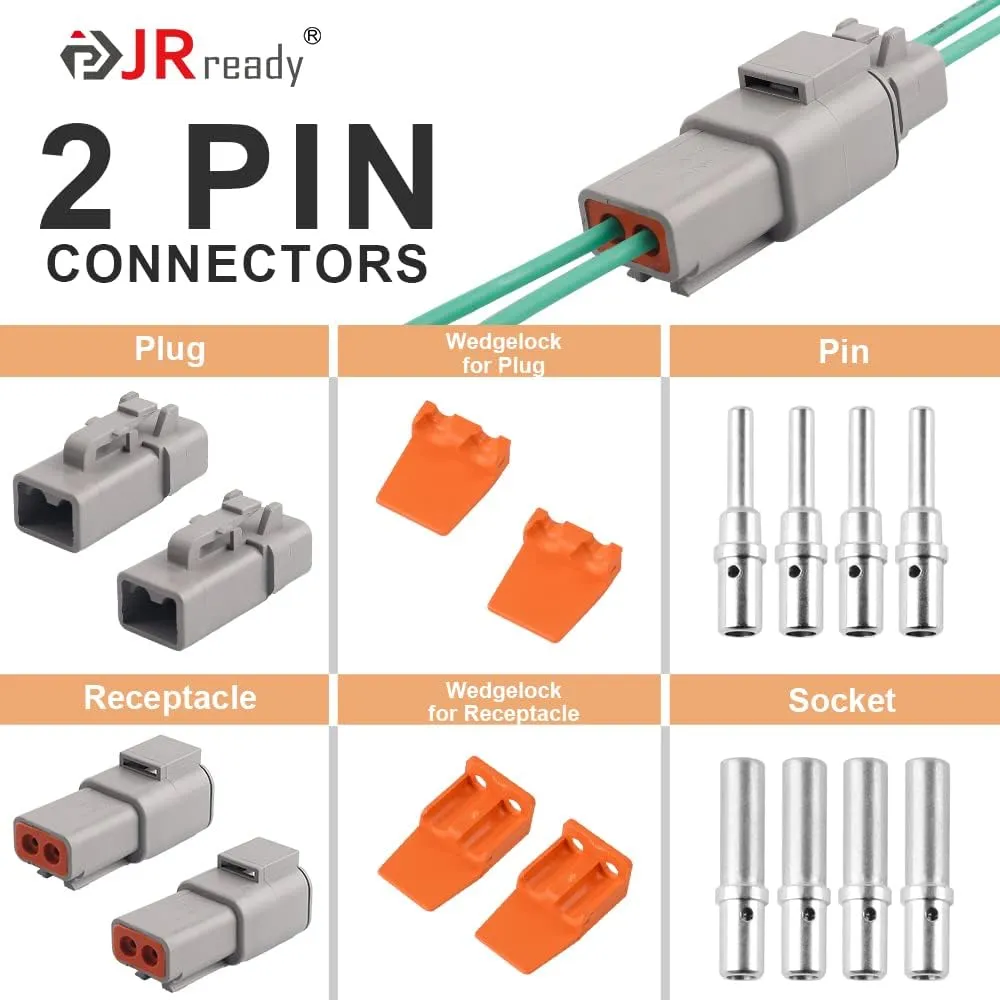 JRready ST6138 DTP Connector Kit 2Pin, DTP 12 Guage 14 Guage Waterproof Connector with Size 12 Solid Contact 12-14 AWG, 2 Sets