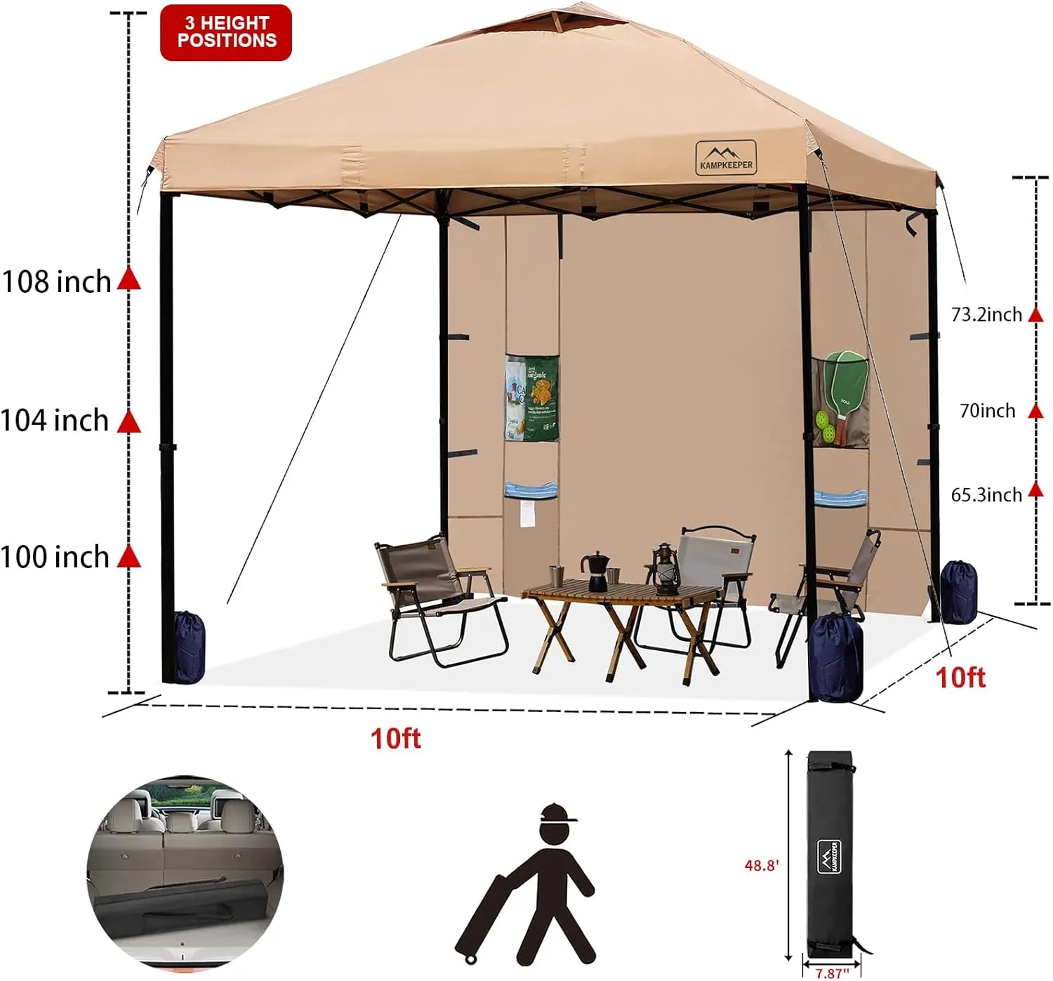 KAMPKEEPER 10x10 Pop Up Canopy Tent with Sidewall - Easy Setup Sun Shelter, Outdoor Shade with Vented Roof for Backyard | UV & Rain Portable Instant Camping Beach Canopy Tents (Khaki)