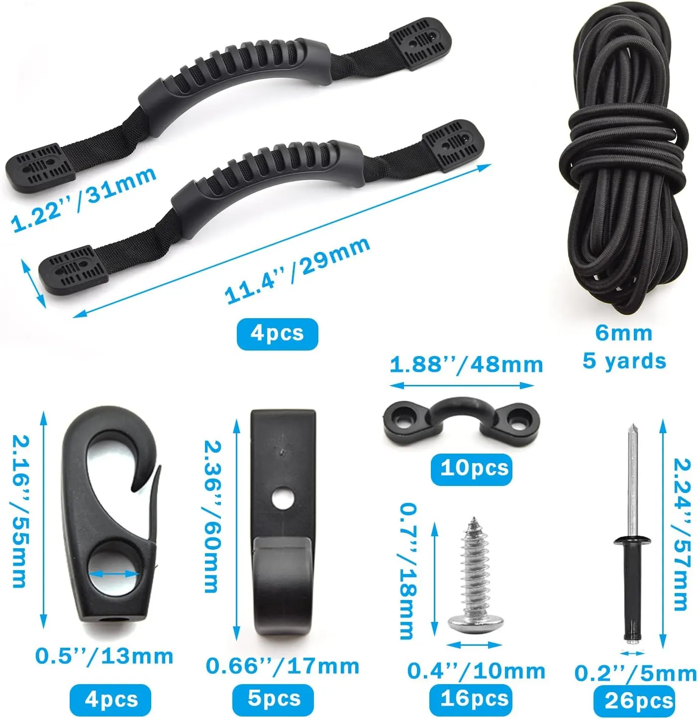 Kayak Carry Handle Rigging Kit -Kayak Canoe Carry Handles, 15 FT 6mm Elastic Bungee Cord Replacement Parts for Kayaks Canoes Boat Suitcase