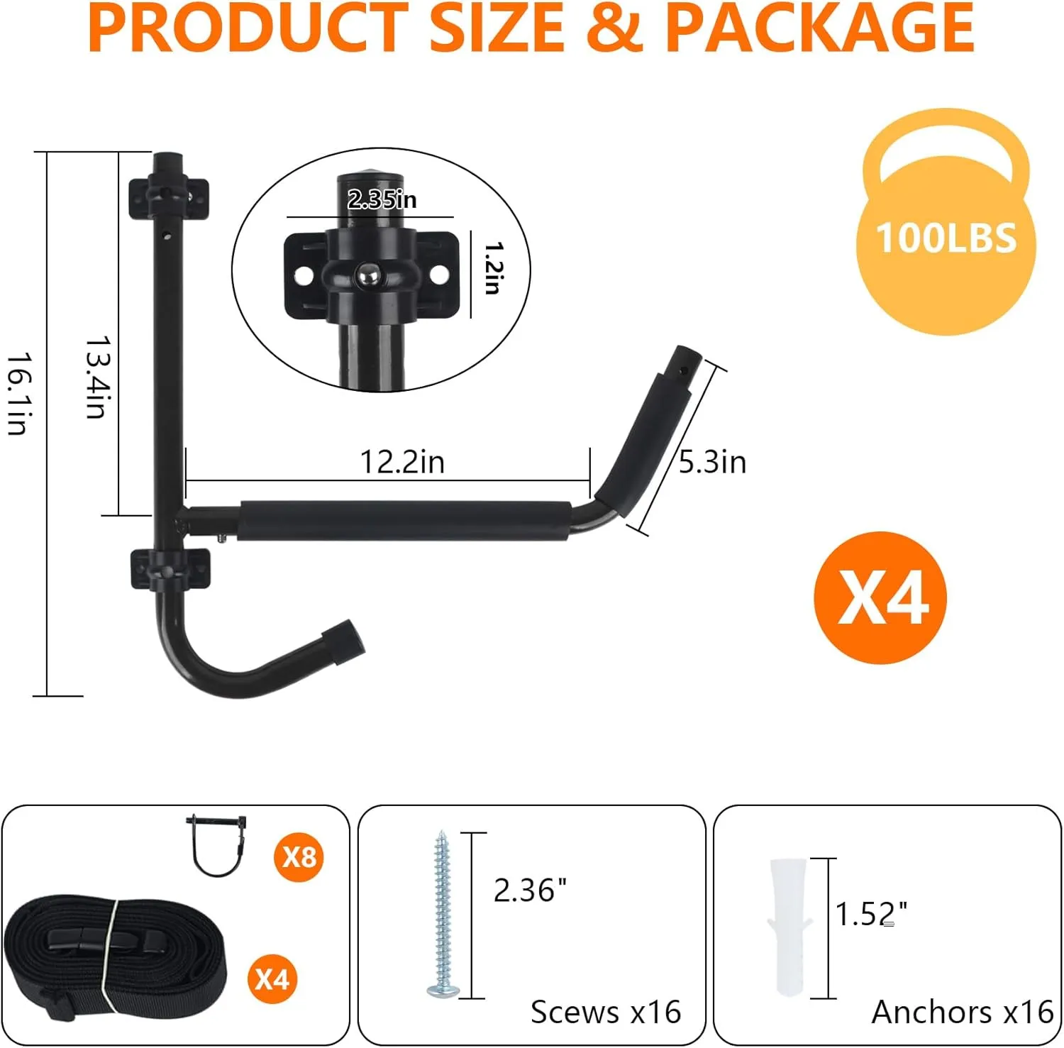 Kayak Storage Rack,Kayak Wall Mount,Heavy Duty Kayak Rack for Garage,Folding Kayak Hanger Kayak Hook with Paddle Rack Fixing Strap for Kayaks,Paddle Boards,Surfboards,Snowboards(2/4Pack，2Color)