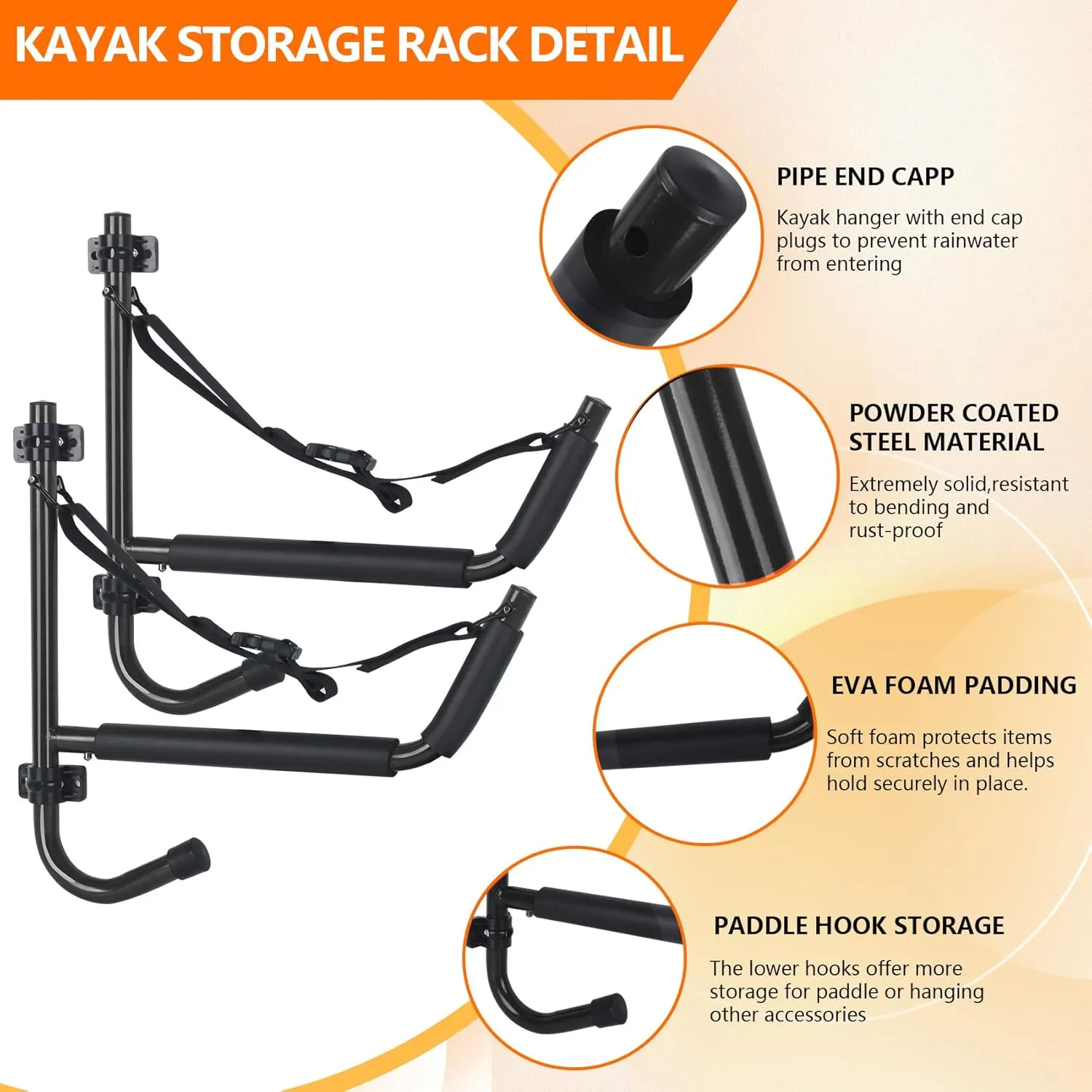 Kayak Storage Rack,Kayak Wall Mount,Heavy Duty Kayak Rack for Garage,Folding Kayak Hanger Kayak Hook with Paddle Rack Fixing Strap for Kayaks,Paddle Boards,Surfboards,Snowboards(2/4Pack，2Color)
