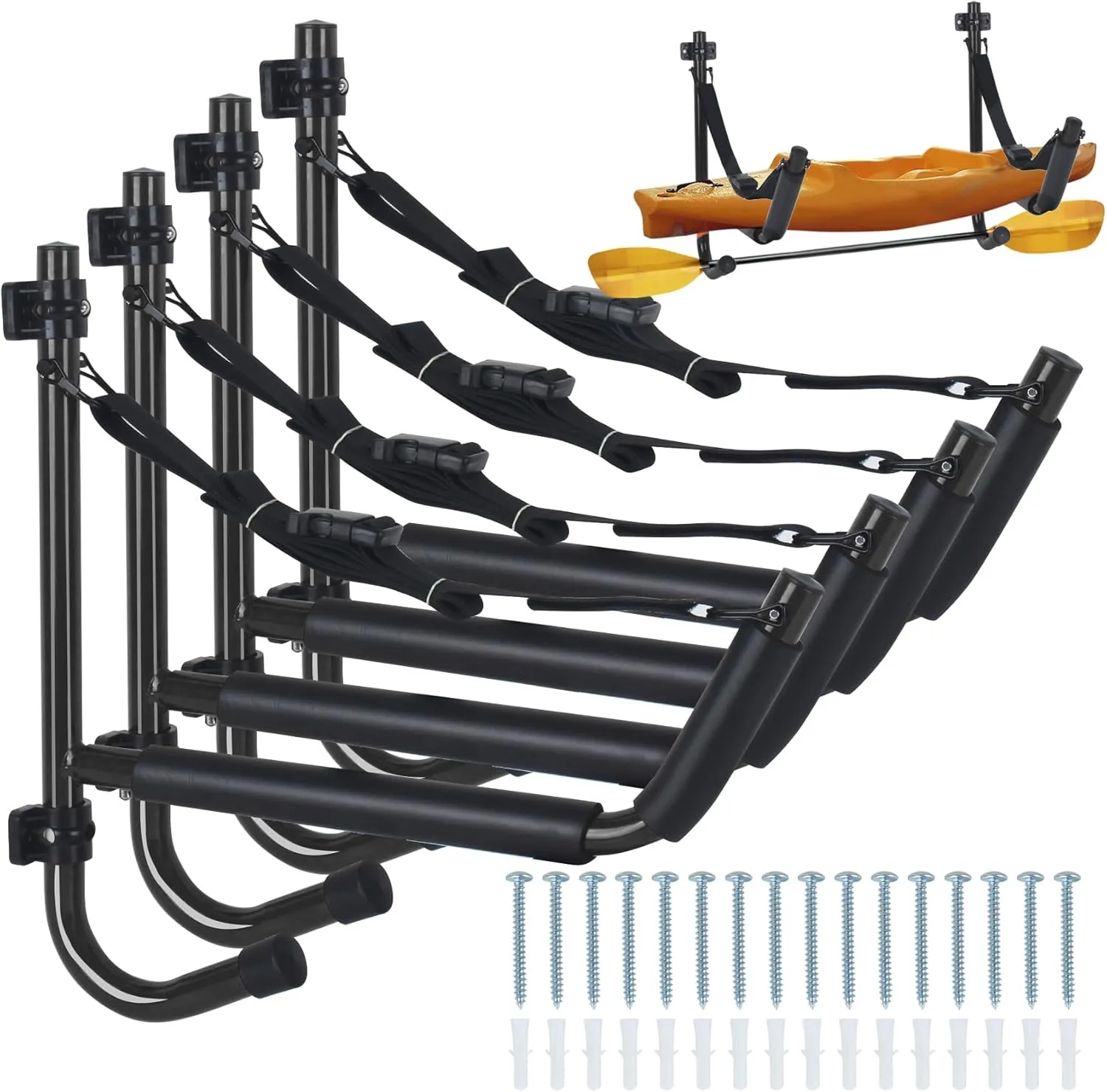 Kayak Storage Rack,Kayak Wall Mount,Heavy Duty Kayak Rack for Garage,Folding Kayak Hanger Kayak Hook with Paddle Rack Fixing Strap for Kayaks,Paddle Boards,Surfboards,Snowboards(2/4Pack，2Color)