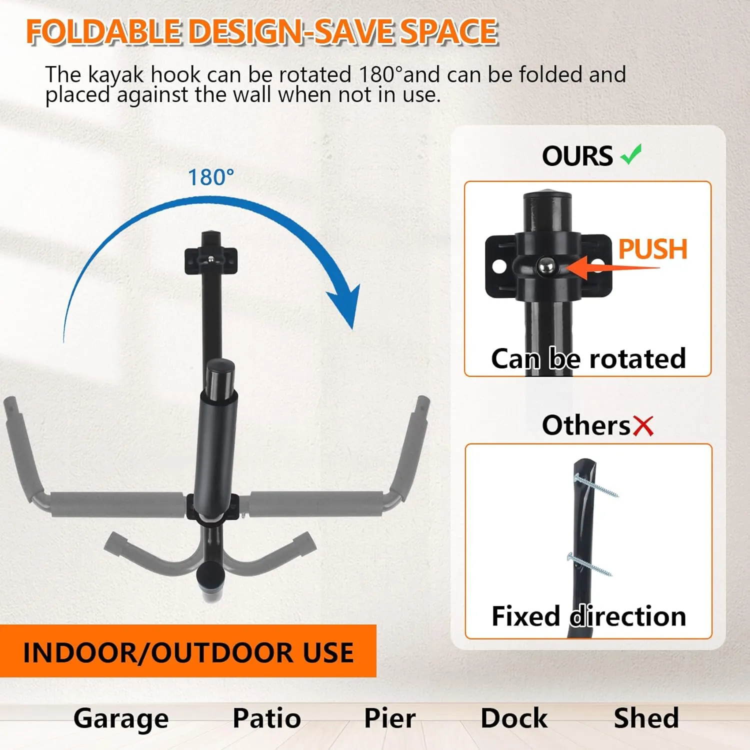 Kayak Storage Rack,Kayak Wall Mount,Heavy Duty Kayak Rack for Garage,Folding Kayak Hanger Kayak Hook with Paddle Rack Fixing Strap for Kayaks,Paddle Boards,Surfboards,Snowboards(2/4Pack，2Color)