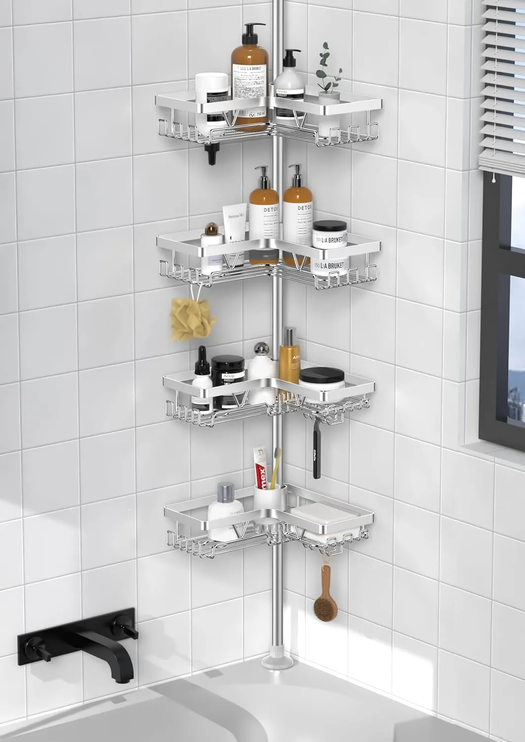 KEGII SUS304 Corner Shower Organizer, Stainless Steel Tension Pole Corner Bathroom Caddy, No Drilling Required Adjustable Shower Shelf for Inside Showers, Silver