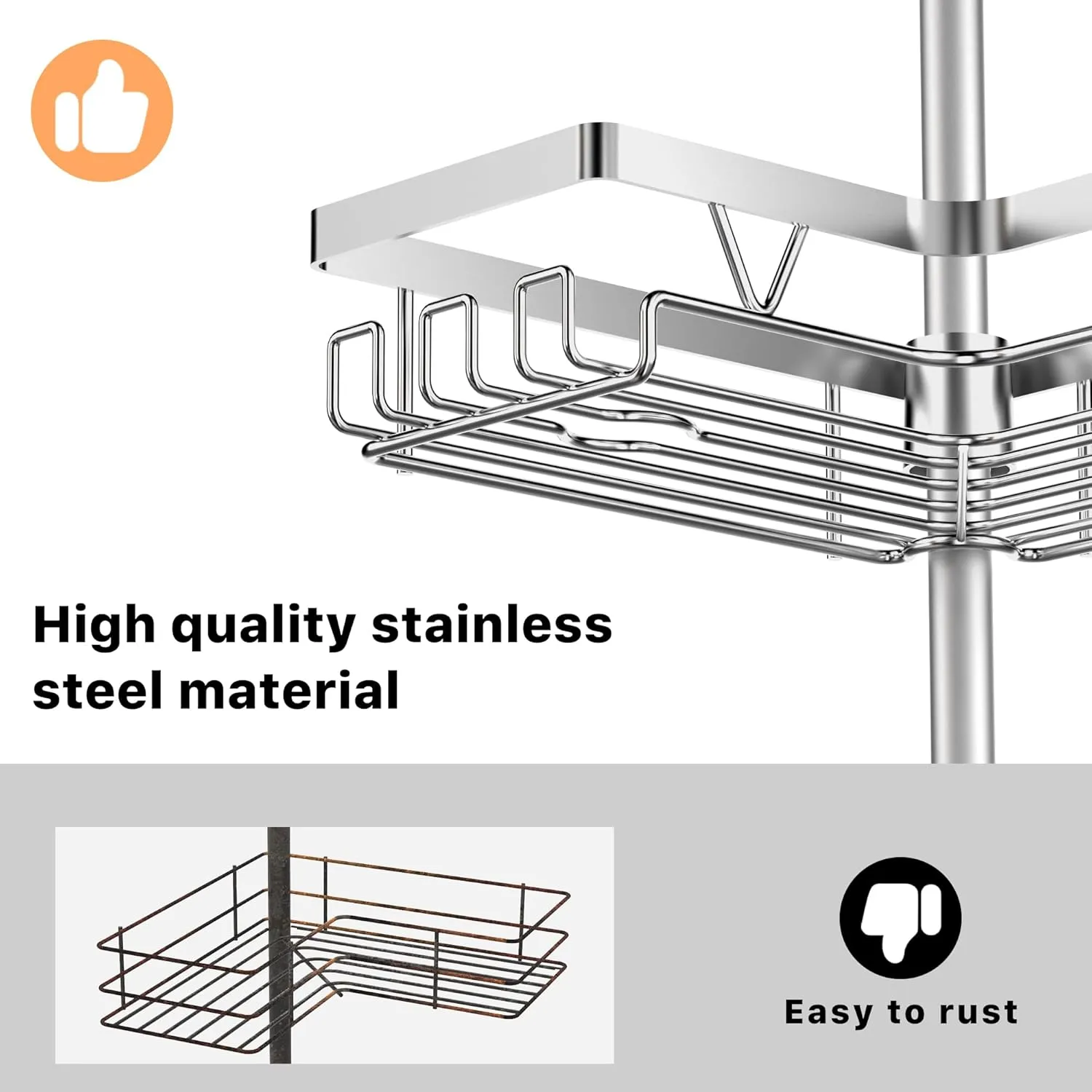 KEGII SUS304 Corner Shower Organizer, Stainless Steel Tension Pole Corner Bathroom Caddy, No Drilling Required Adjustable Shower Shelf for Inside Showers, Silver