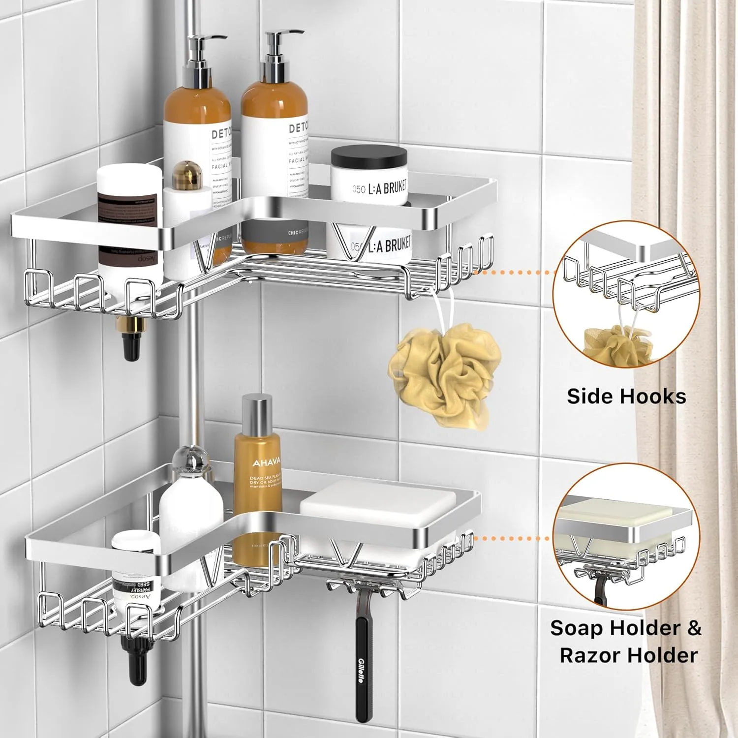 KEGII SUS304 Corner Shower Organizer, Stainless Steel Tension Pole Corner Bathroom Caddy, No Drilling Required Adjustable Shower Shelf for Inside Showers, Silver