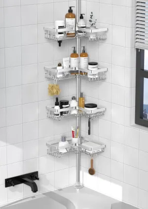 KEGII SUS304 Corner Shower Organizer, Stainless Steel Tension Pole Corner Bathroom Caddy, No Drilling Required Adjustable Shower Shelf for Inside Showers, Silver