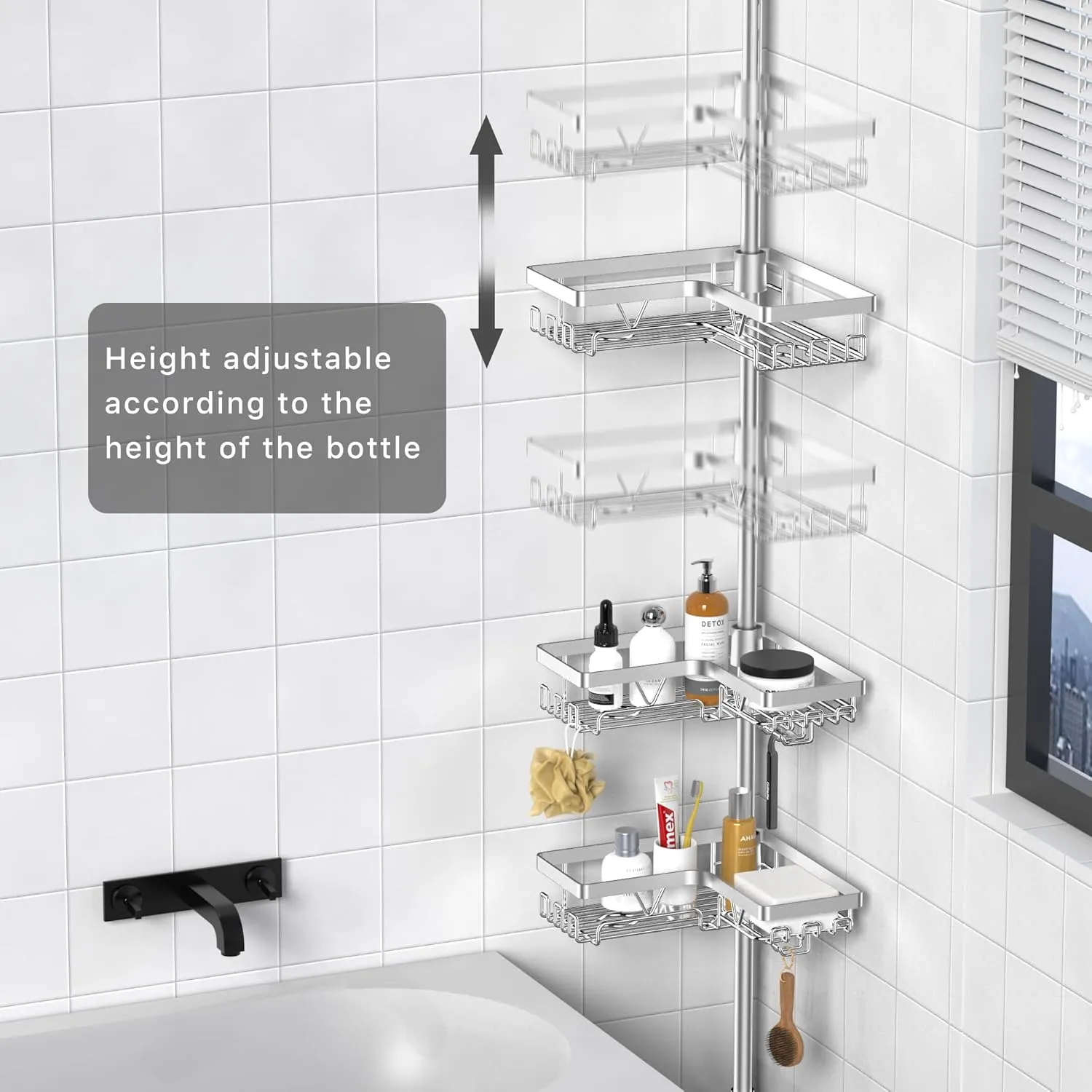 KEGII SUS304 Corner Shower Organizer, Stainless Steel Tension Pole Corner Bathroom Caddy, No Drilling Required Adjustable Shower Shelf for Inside Showers, Silver