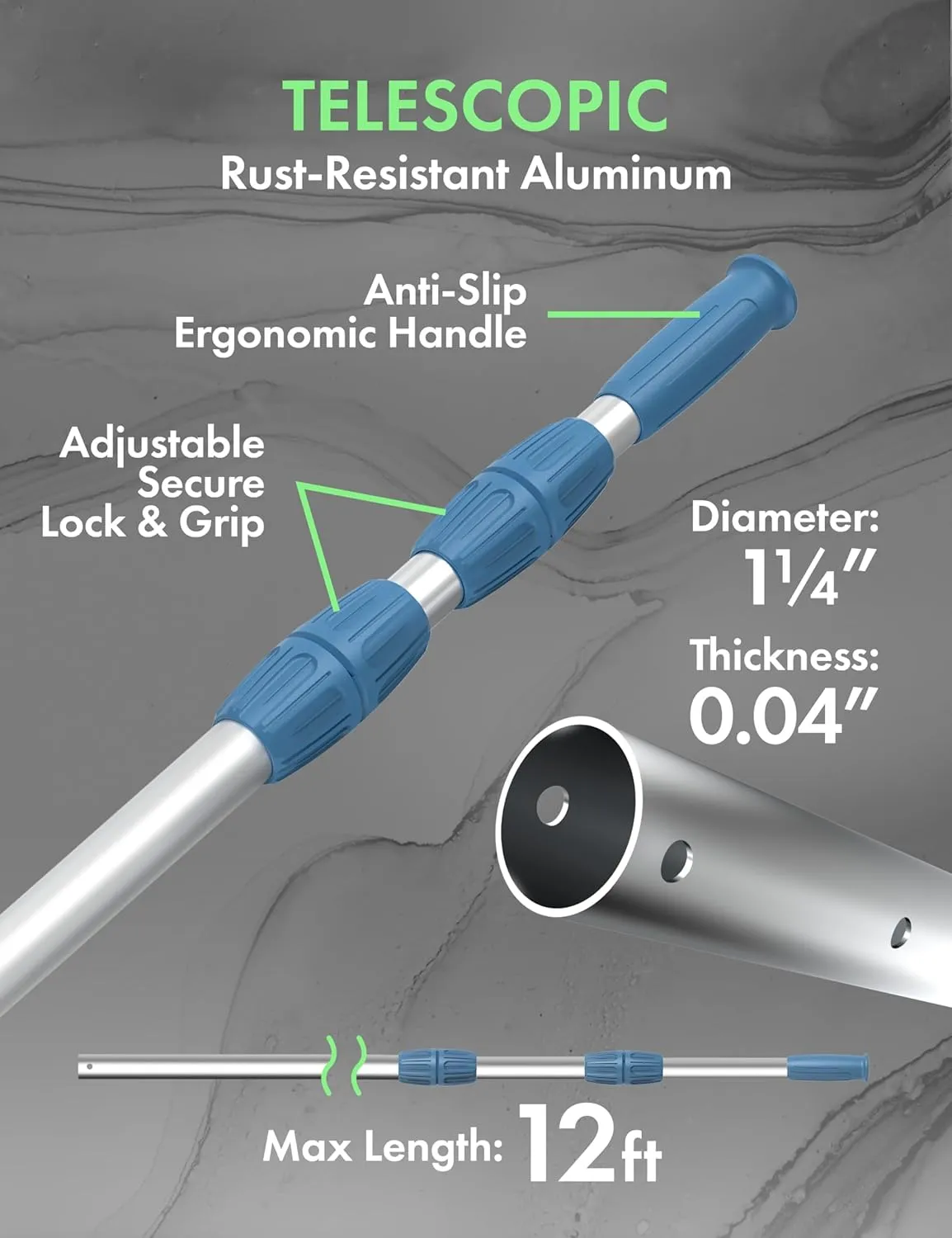 KEMANO Professional 12ft Heavy Duty Swimming Pool Pole, Telescopic Aluminum, Adjustable 3.4-12ft, Fits Pool Vacuum, Net, Brush, Hook, Cleaning Tools, Universal Mount, Anti-Slip Grip, Twist Lock Design