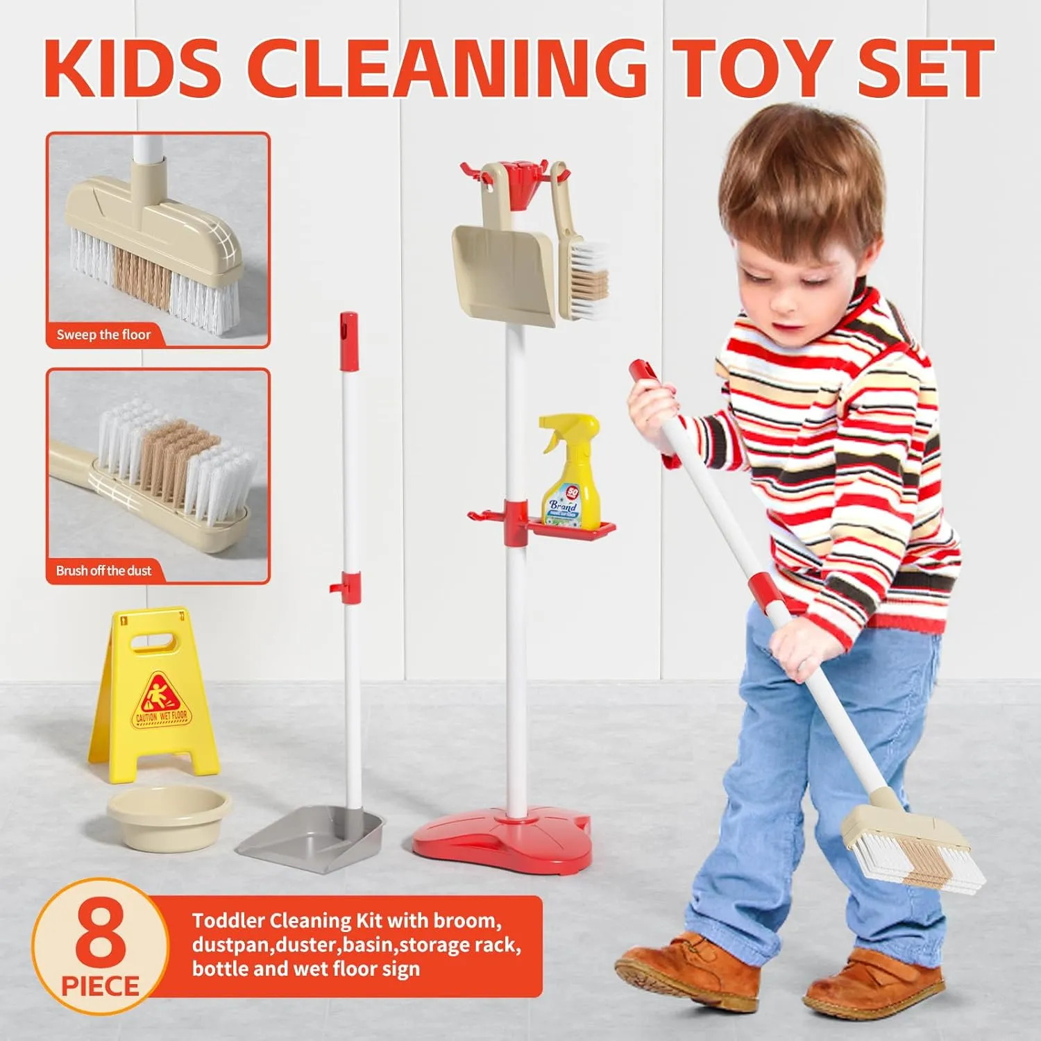 Kids Mini Cleaning Toy Set 8 Piece Toddler Cleaning Kit with Broom, Dustpan, Storage Rack, Wet Floor Sign & More, Housework Pretend Play Gift for Girl Boy