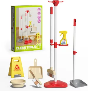 Kids Mini Cleaning Toy Set 8 Piece Toddler Cleaning Kit with Broom, Dustpan, Storage Rack, Wet Floor Sign & More, Housework Pretend Play Gift for Girl Boy