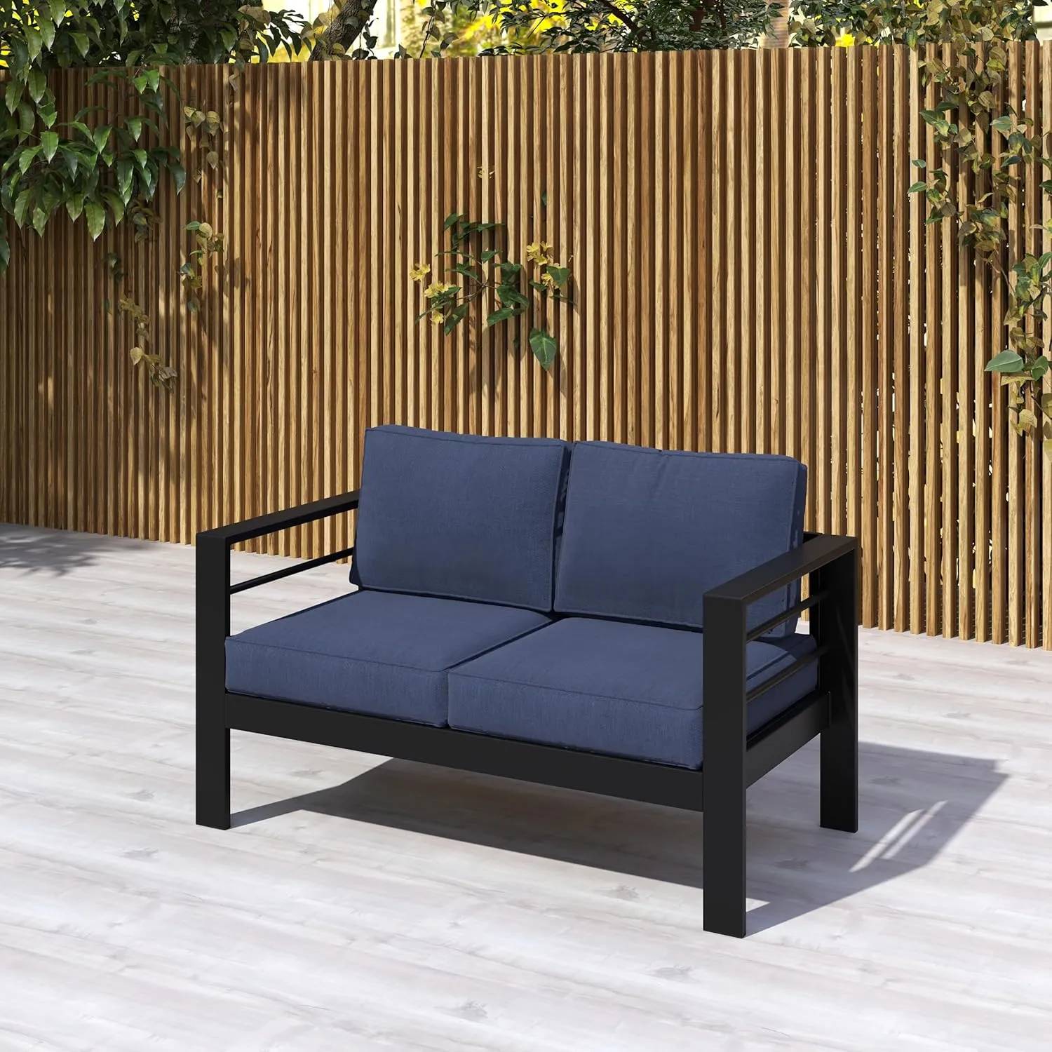 Kiss the Water Outdoor Patio Furniture Loveseat Sofa, All-Weather Metal Aluminum Patio Couch with 5" Thick and Soft Cushion and Wide Arm, Outdoor Couch for Balcony, Porch, Backyard