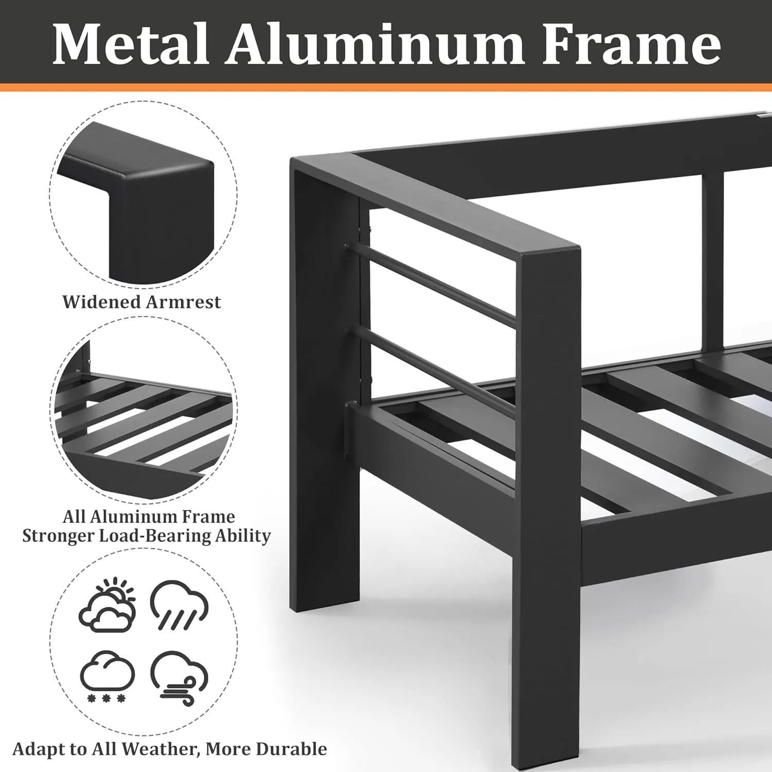 Kiss the Water Outdoor Patio Furniture Loveseat Sofa, All-Weather Metal Aluminum Patio Couch with 5" Thick and Soft Cushion and Wide Arm, Outdoor Couch for Balcony, Porch, Backyard