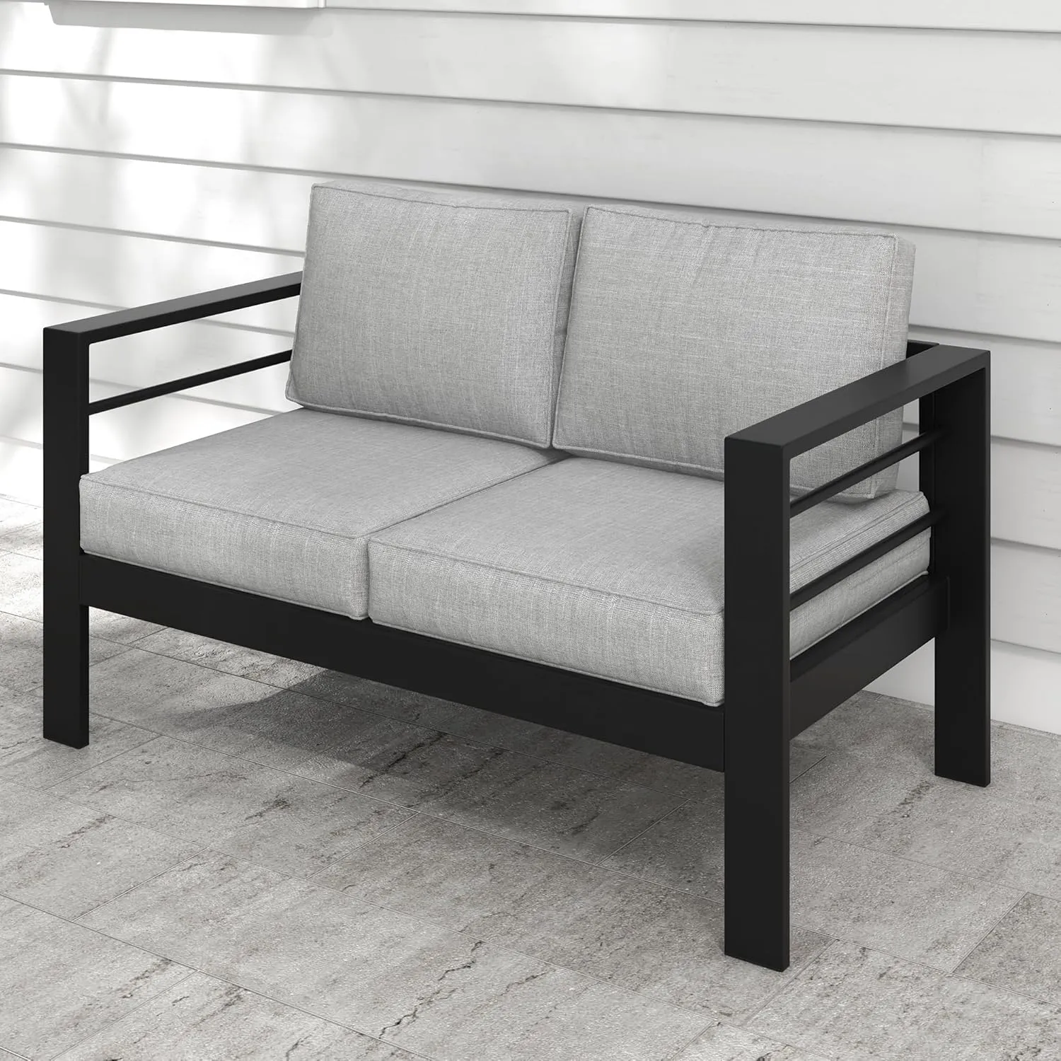 Kiss the Water Outdoor Patio Furniture Loveseat Sofa, All-Weather Metal Aluminum Patio Couch with 5" Thick and Soft Cushion and Wide Arm, Outdoor Couch for Balcony, Porch, Backyard