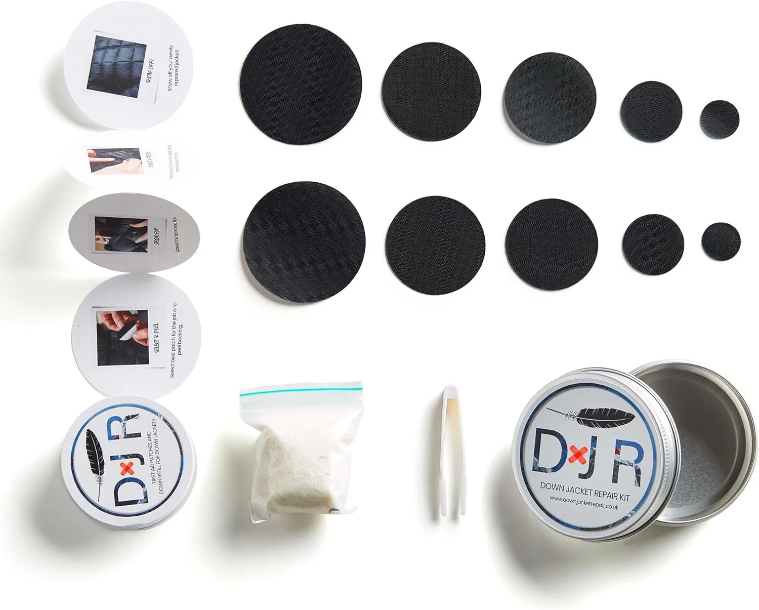 Kit-in-a-Tin - Repair Patches and Goose Down Top-Up for Down Jackets and Sleeping Bags