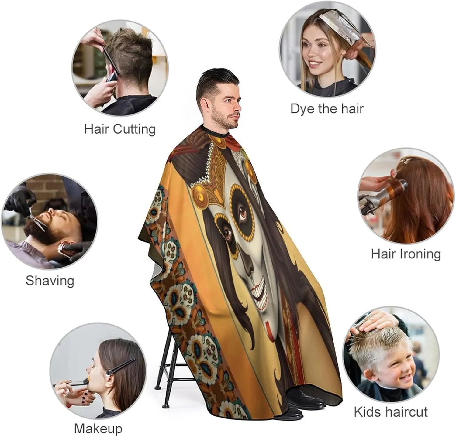 Large Long Salon Barber Cape - Artistic Sugar Skull Dead Women Art Haircut Hairdressing Cloth Apron Haircut Barber Gown for Home Stylists