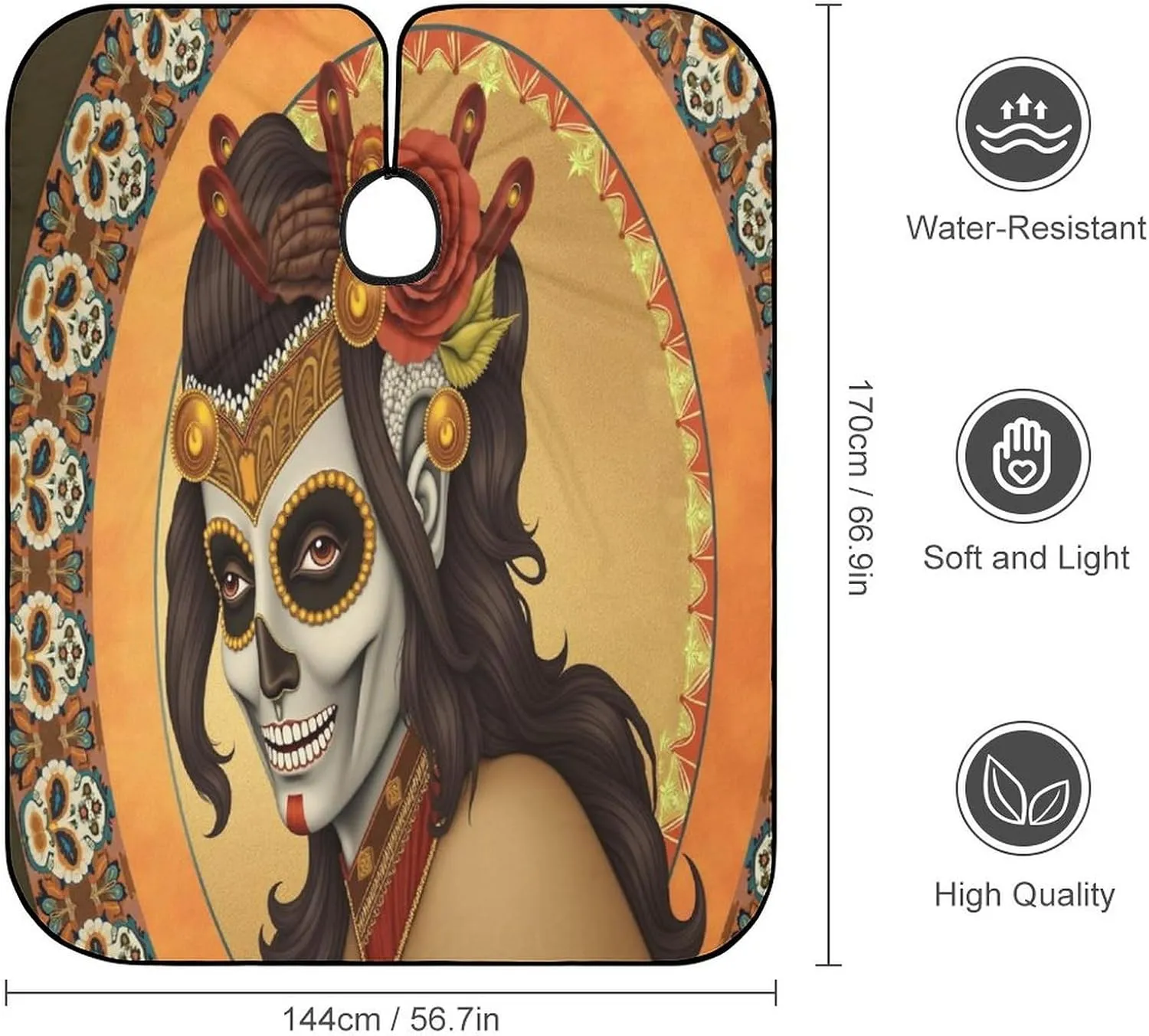 Large Long Salon Barber Cape - Artistic Sugar Skull Dead Women Art Haircut Hairdressing Cloth Apron Haircut Barber Gown for Home Stylists
