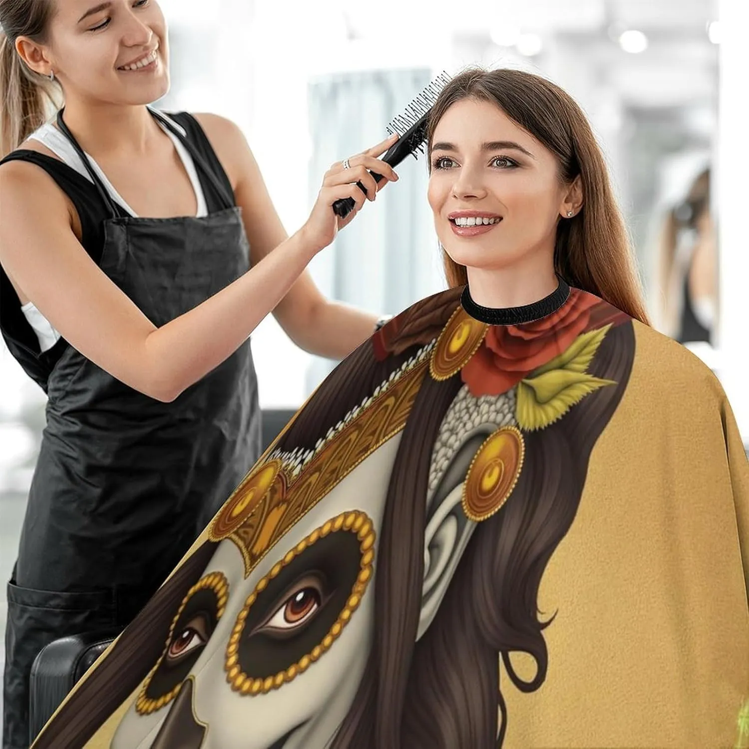 Large Long Salon Barber Cape - Artistic Sugar Skull Dead Women Art Haircut Hairdressing Cloth Apron Haircut Barber Gown for Home Stylists