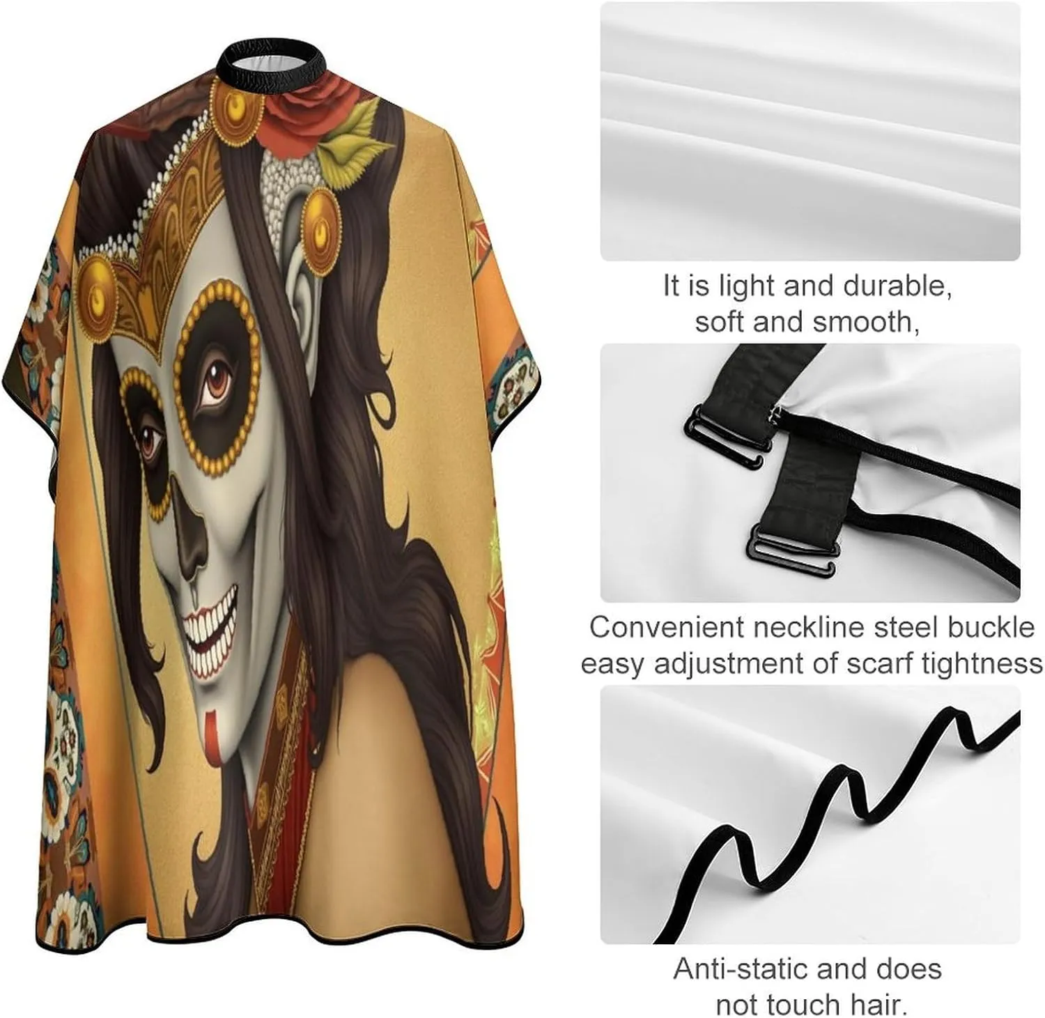 Large Long Salon Barber Cape - Artistic Sugar Skull Dead Women Art Haircut Hairdressing Cloth Apron Haircut Barber Gown for Home Stylists