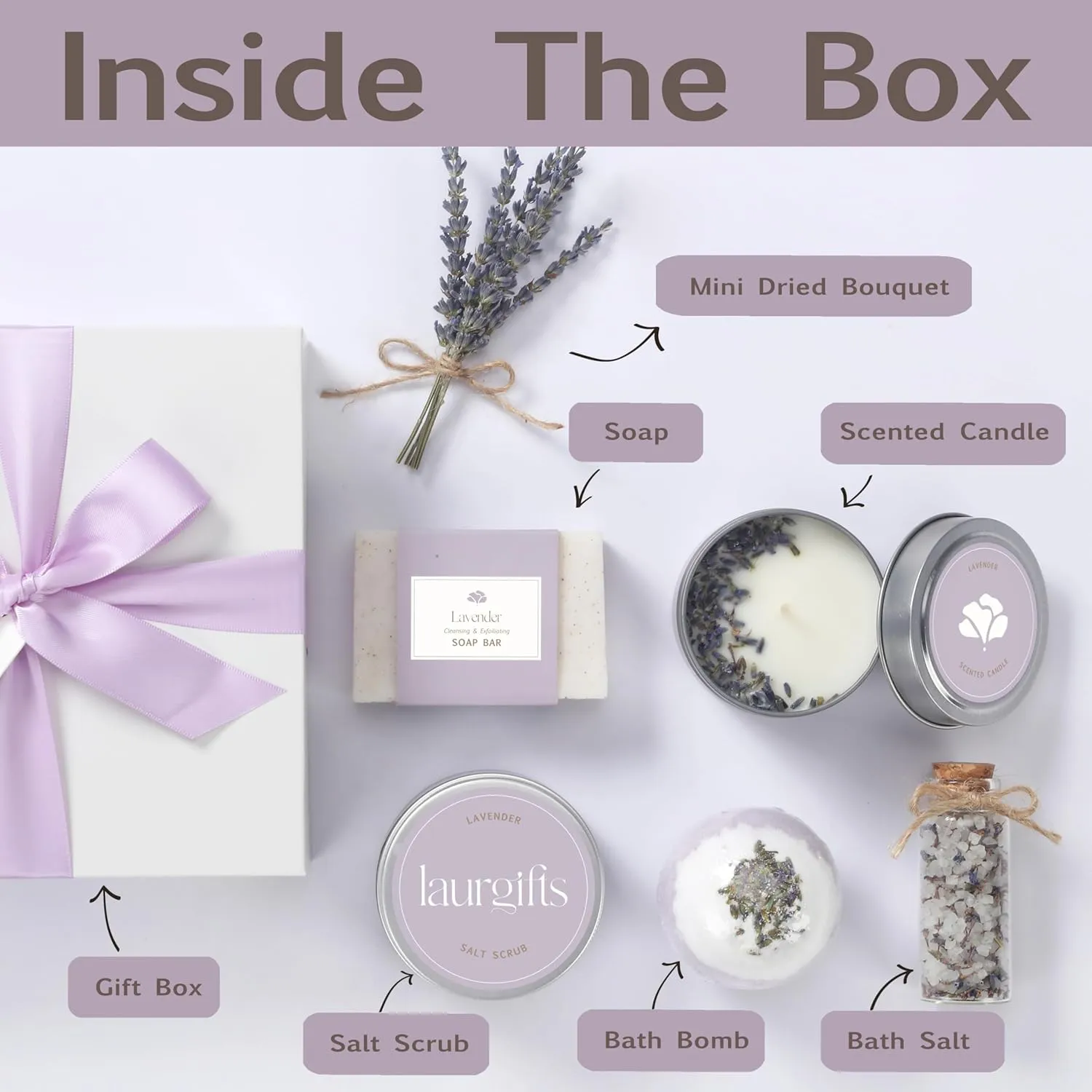 Lavender Spa Gift Baskets for Women – Scented Self Care Shower Essential - Elegant Kit for Mom, Wife, Sister, Friend - Body Bath Set - Aromatic Box for Occasions - Home Spa-Inspired