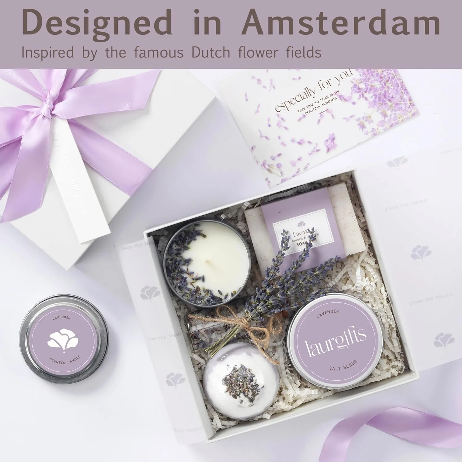 Lavender Spa Gift Baskets for Women – Scented Self Care Shower Essential - Elegant Kit for Mom, Wife, Sister, Friend - Body Bath Set - Aromatic Box for Occasions - Home Spa-Inspired