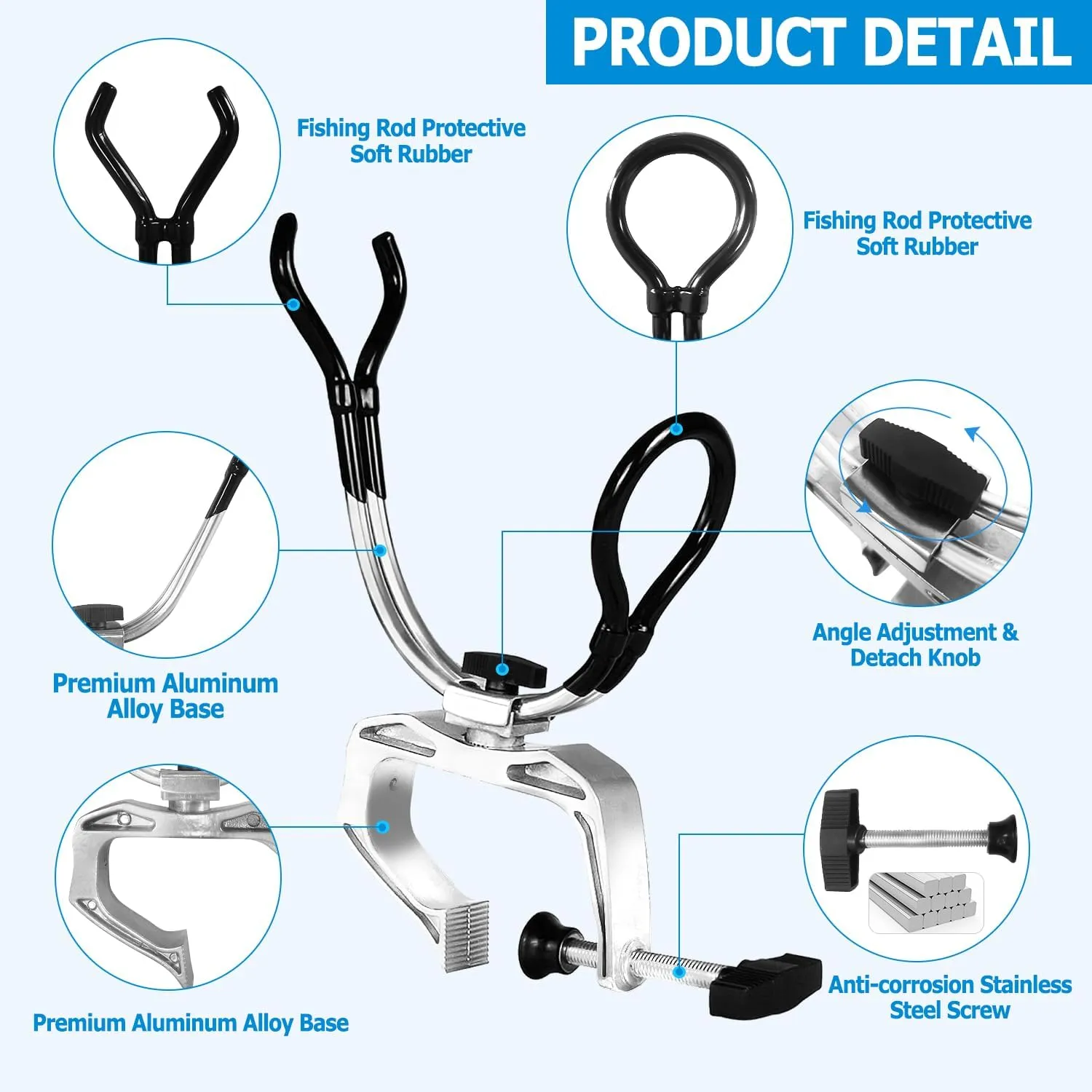 LBW Boat Fishing Rod Holder Clamp on Rod Holder 360 Degree Adjustable Dual-use Fishing Pole Holder for Boat Dock Pontoon Canoe 2 PCS