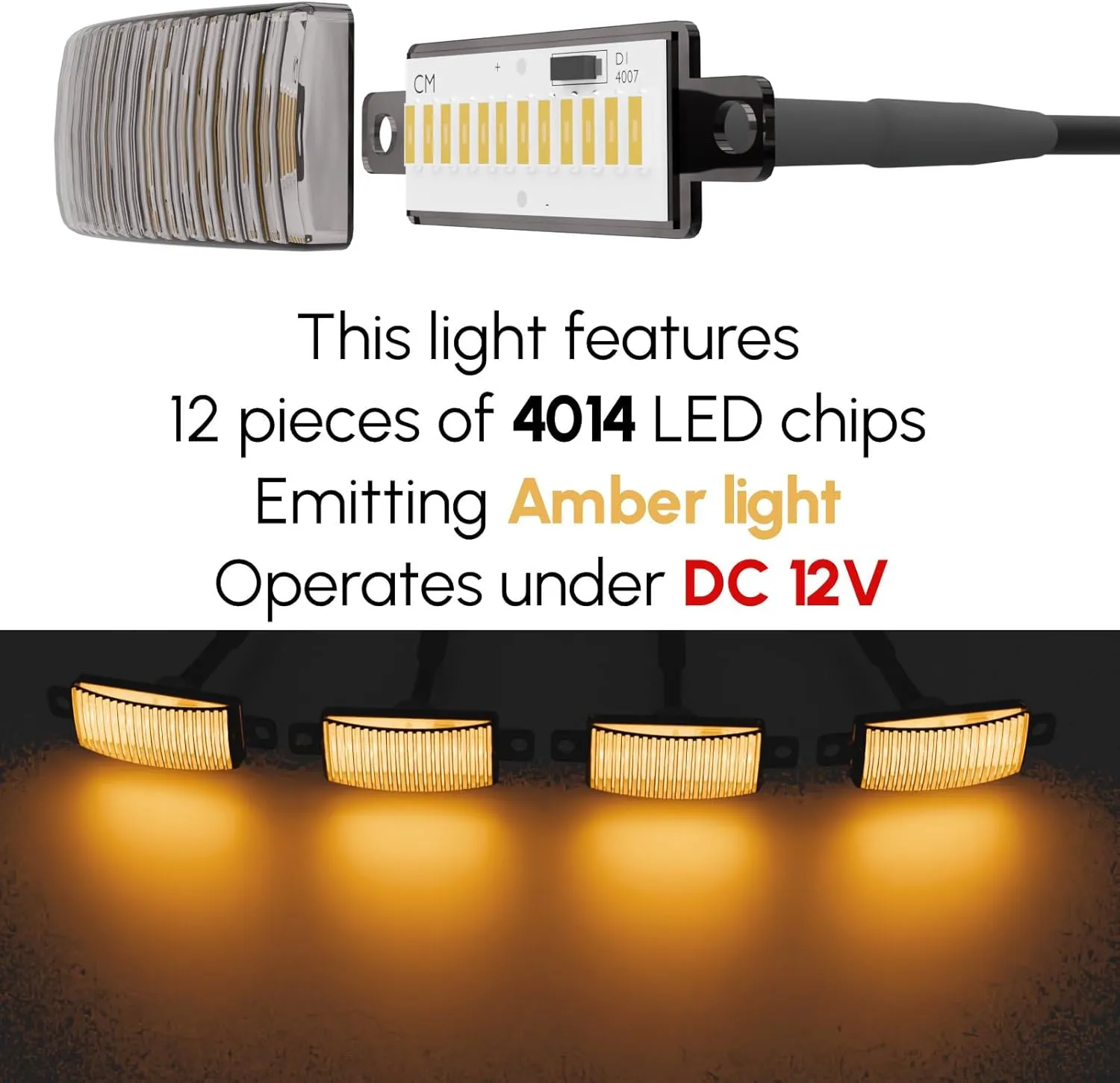 LED Amber Grille Light for Truck SUV Pickup Car, Smoked Lens Housing Center Grill Running Light, 4PCS Bulbs with Waterproof Connector Cables Kit