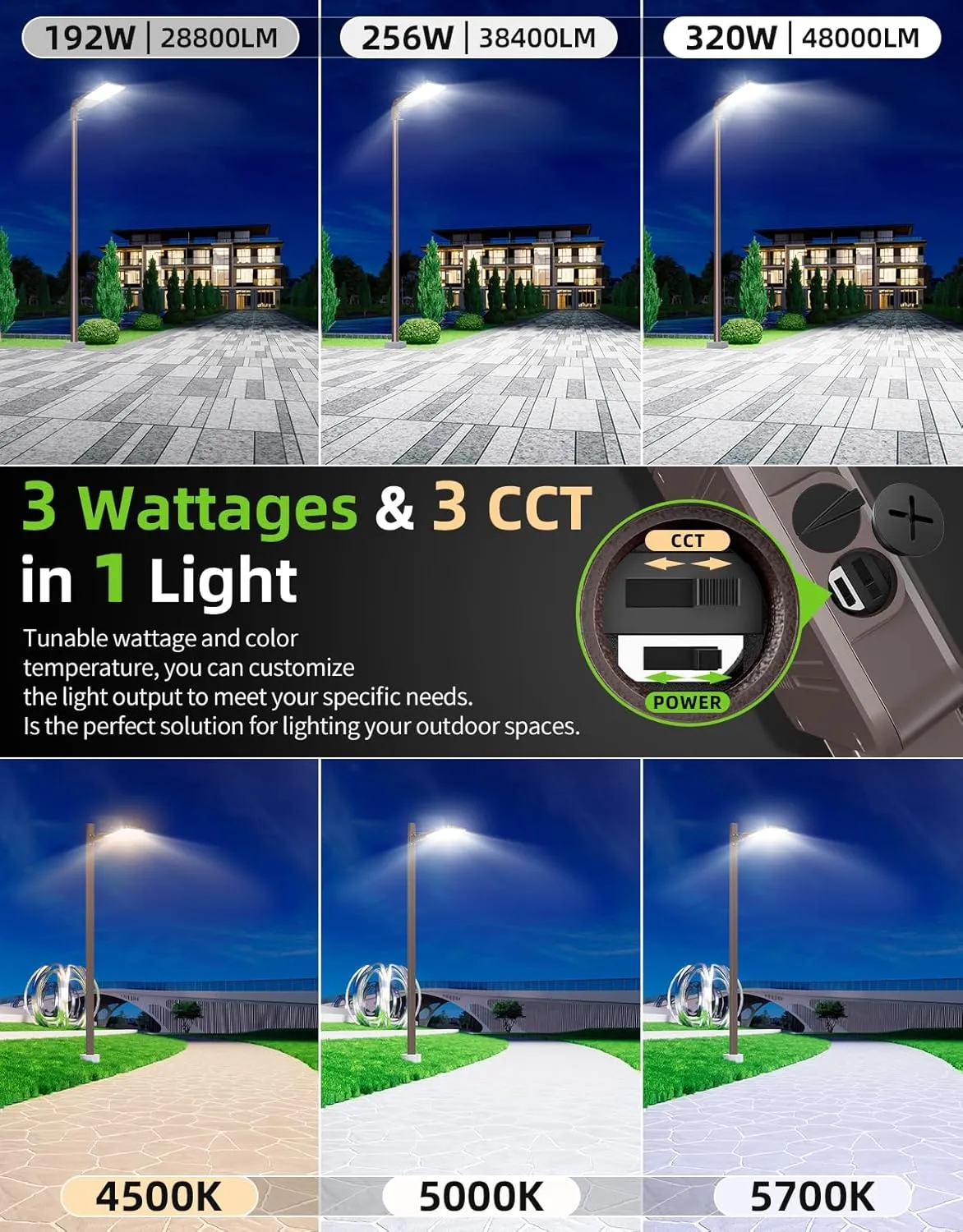LED Parking Lot Light UL DLC Listed 320W 256W 192W Adjustable 4500K 5000K 5700K Tunable Up to 48000LM Photocell LED Shoebox Fixture Flood Pole Light Outdoor Field Lighting AC 100-277V