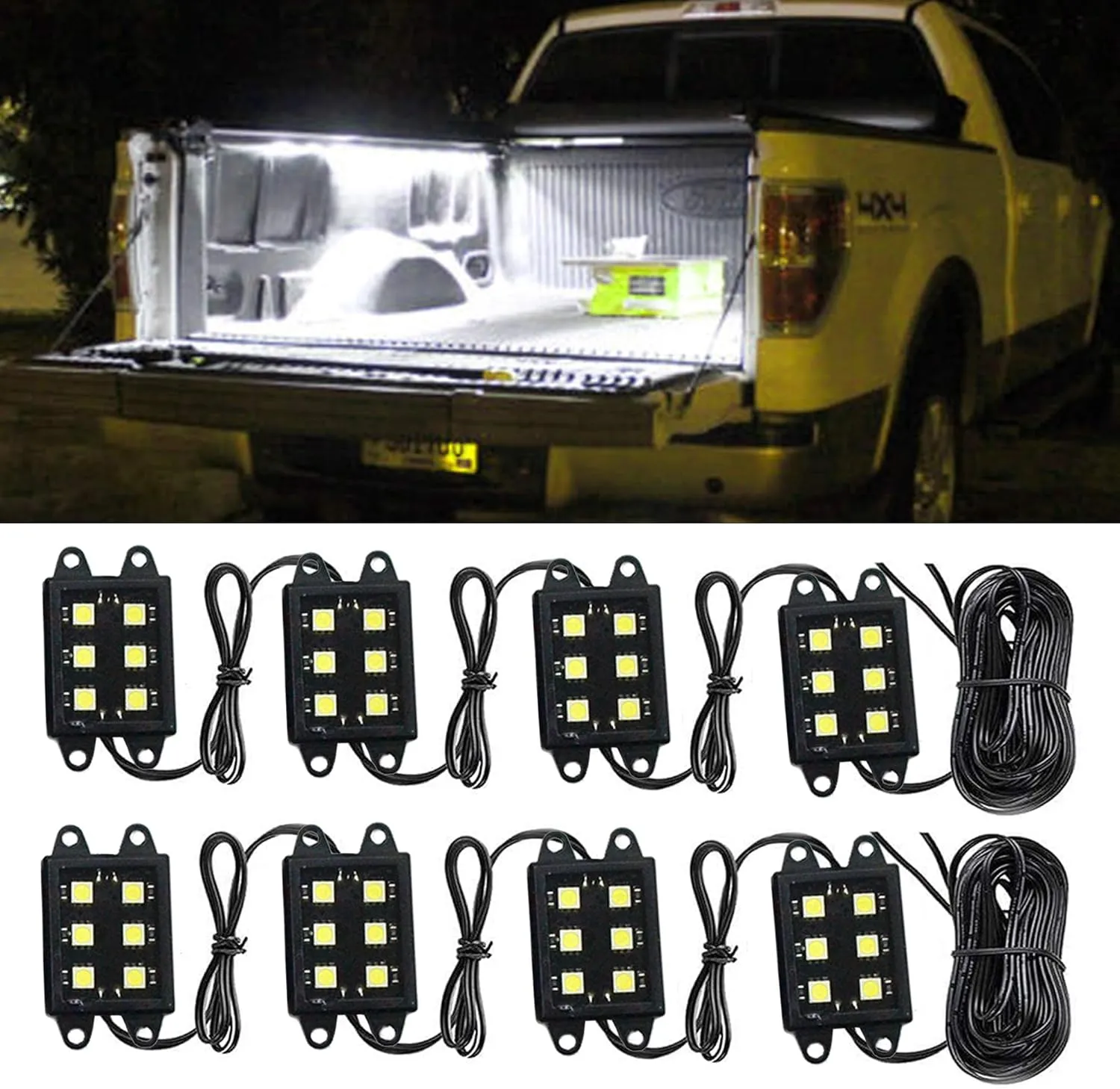 LED Truck Bed Light Kit-48 White LEDs Pickup Bed Lighting Kit,Rear Work Box Lighting Kit,Rail Lights,Side Marker Rock Light for Truck Pickup Cargo Trailer RVs Under Car w/Switch-8Pcs