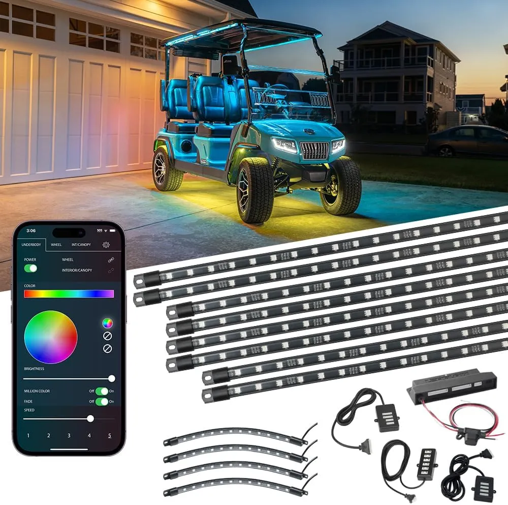 LEDGlow 12pc Bluetooth Million Color LED 4-Seater Golf Cart Underglow Accent Neon Lighting Kit with Canopy & Wheel Well Lights - Smartphone App - Fits 12-Volt Powered Extended Wheelbase Models