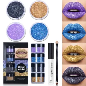 LELEBEAR Glitter Lip Gloss Set, 4 Colors Diamond Glitter Metallic Lipstick Waterproof and Stain Resistant Lip Balm with Lip Gloss and Brush (Cool colors, Medium)
