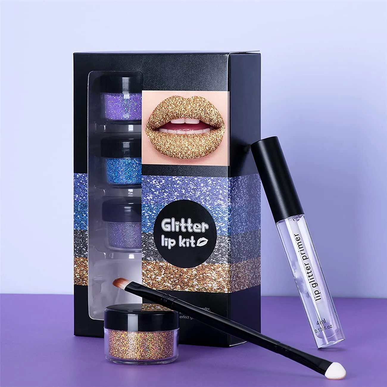 LELEBEAR Glitter Lip Gloss Set, 4 Colors Diamond Glitter Metallic Lipstick Waterproof and Stain Resistant Lip Balm with Lip Gloss and Brush (Cool colors, Medium)