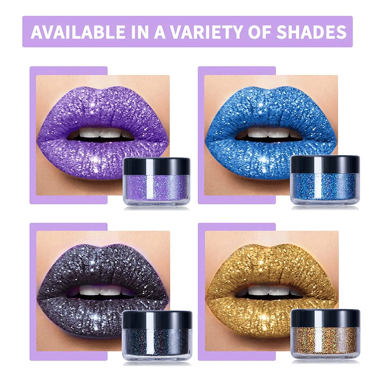 LELEBEAR Glitter Lip Gloss Set, 4 Colors Diamond Glitter Metallic Lipstick Waterproof and Stain Resistant Lip Balm with Lip Gloss and Brush (Cool colors, Medium)