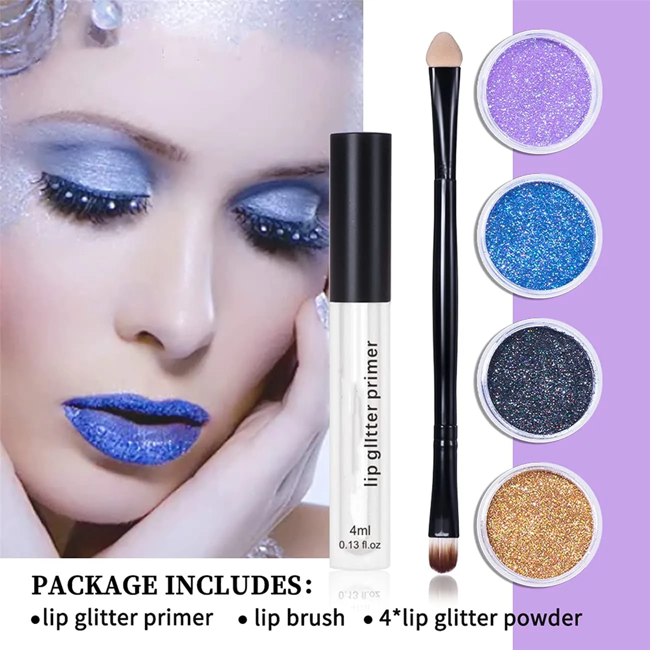 LELEBEAR Glitter Lip Gloss Set, 4 Colors Diamond Glitter Metallic Lipstick Waterproof and Stain Resistant Lip Balm with Lip Gloss and Brush (Cool colors, Medium)