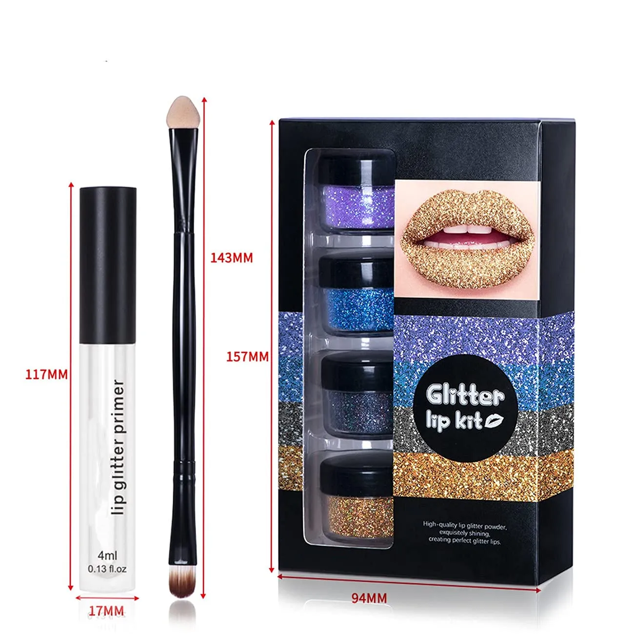 LELEBEAR Glitter Lip Gloss Set, 4 Colors Diamond Glitter Metallic Lipstick Waterproof and Stain Resistant Lip Balm with Lip Gloss and Brush (Cool colors, Medium)