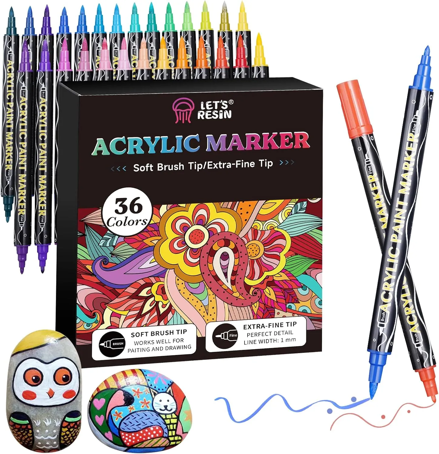 LET'S RESIN 36 Acrylic Paint Pens Markers, Fine&Brush Dual Tip Markers, Strong Coverage Bright Colored Pens for Rocks, Canvas, Wood, Glass,Fabric, Plastic, Drawing Supplies, Acrylic Paint Set