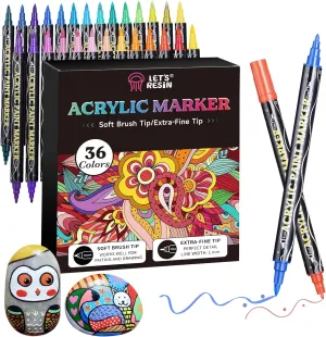 LET'S RESIN 36 Acrylic Paint Pens Markers, Fine&Brush Dual Tip Markers, Strong Coverage Bright Colored Pens for Rocks, Canvas, Wood, Glass,Fabric, Plastic, Drawing Supplies, Acrylic Paint Set
