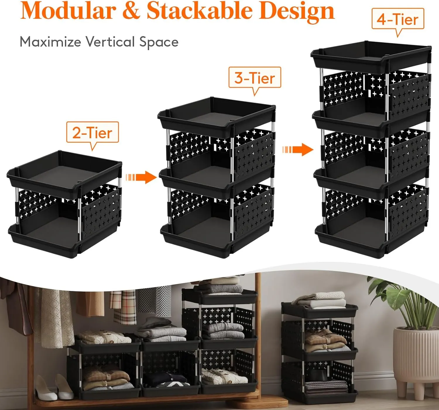 Lifewit Plastic Stackable Storage Baskets, 3 Tier Stacking Bins for Closet Wardrobe, Playroom, Kitchen Organization, Large Capacity Multi-Functional Stackable Storage Containers Shelves, 1 Pack