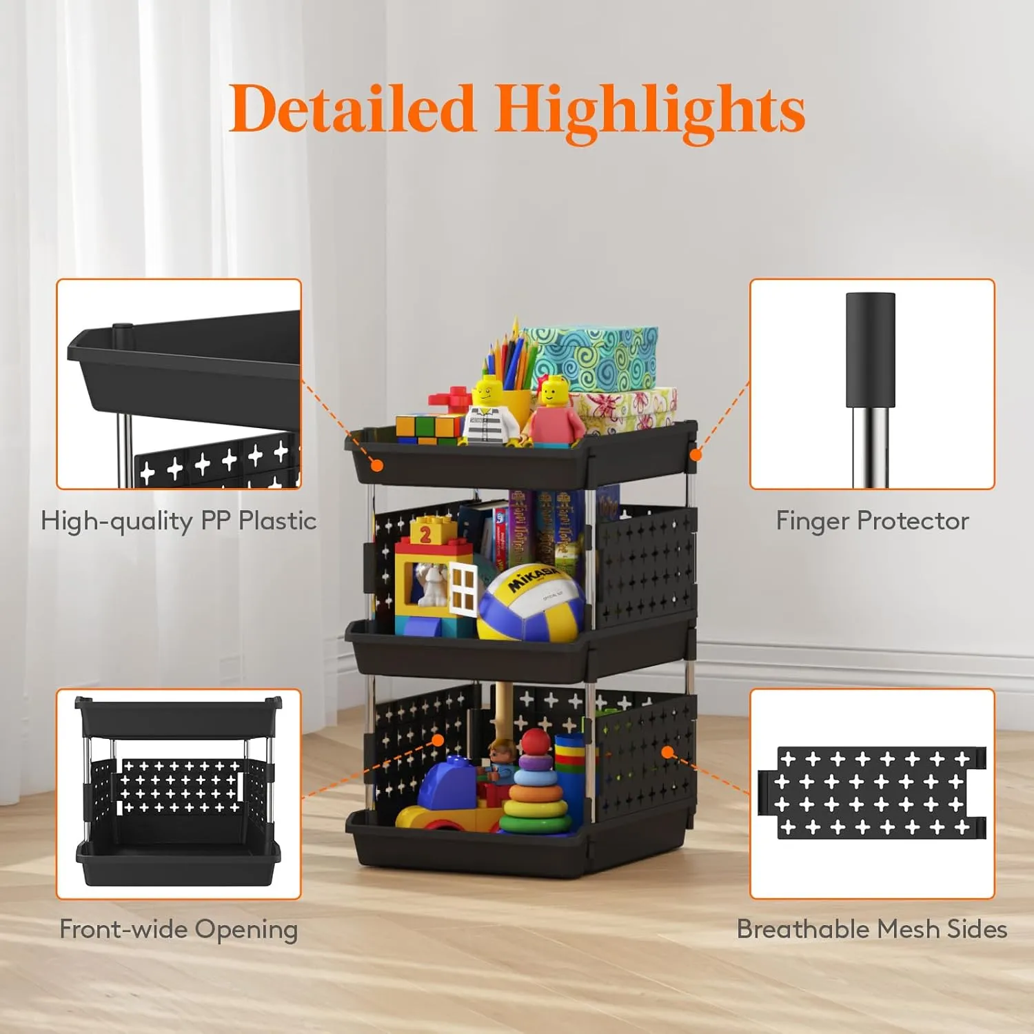 Lifewit Plastic Stackable Storage Baskets, 3 Tier Stacking Bins for Closet Wardrobe, Playroom, Kitchen Organization, Large Capacity Multi-Functional Stackable Storage Containers Shelves, 1 Pack