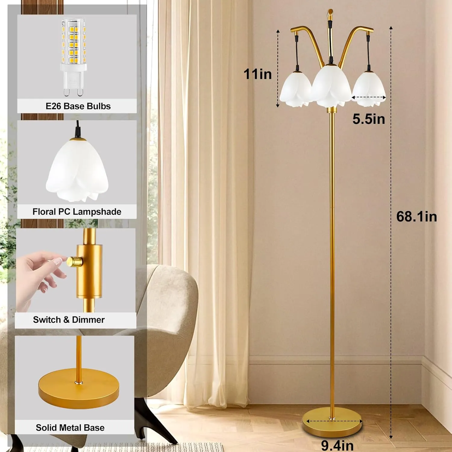 Lightdot 67IN Industrial Tree Floor Lamp, Dimmable (Brightness Adjustable) Mid Century Standing Lamps with E26 LED Bulbs Included, 3 Lights Gold Pole Modern Tall Lamp for Living Room Bedroom